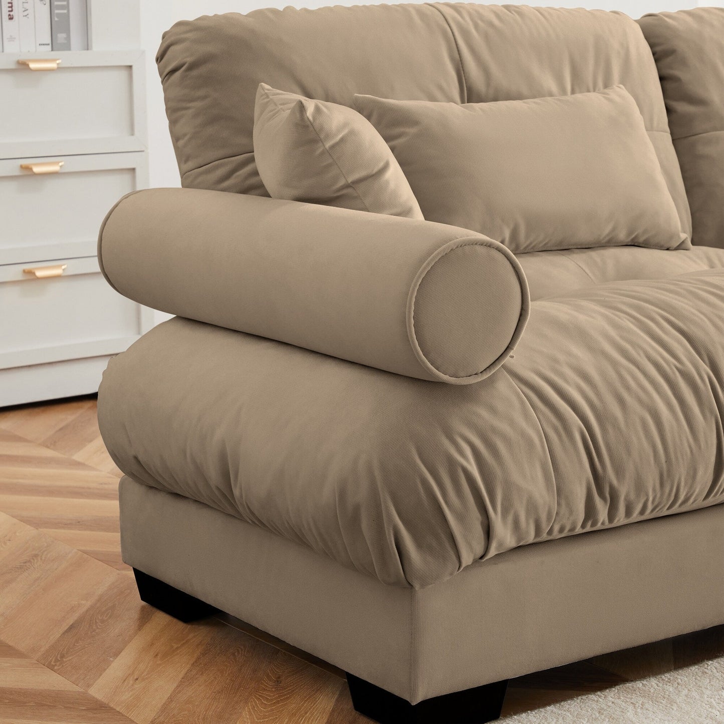 Modular Velvet Sectional Sofa Deep Seat L-Shaped Cloud Couch with Ottoman and Bolstered Armrests for Living Room
