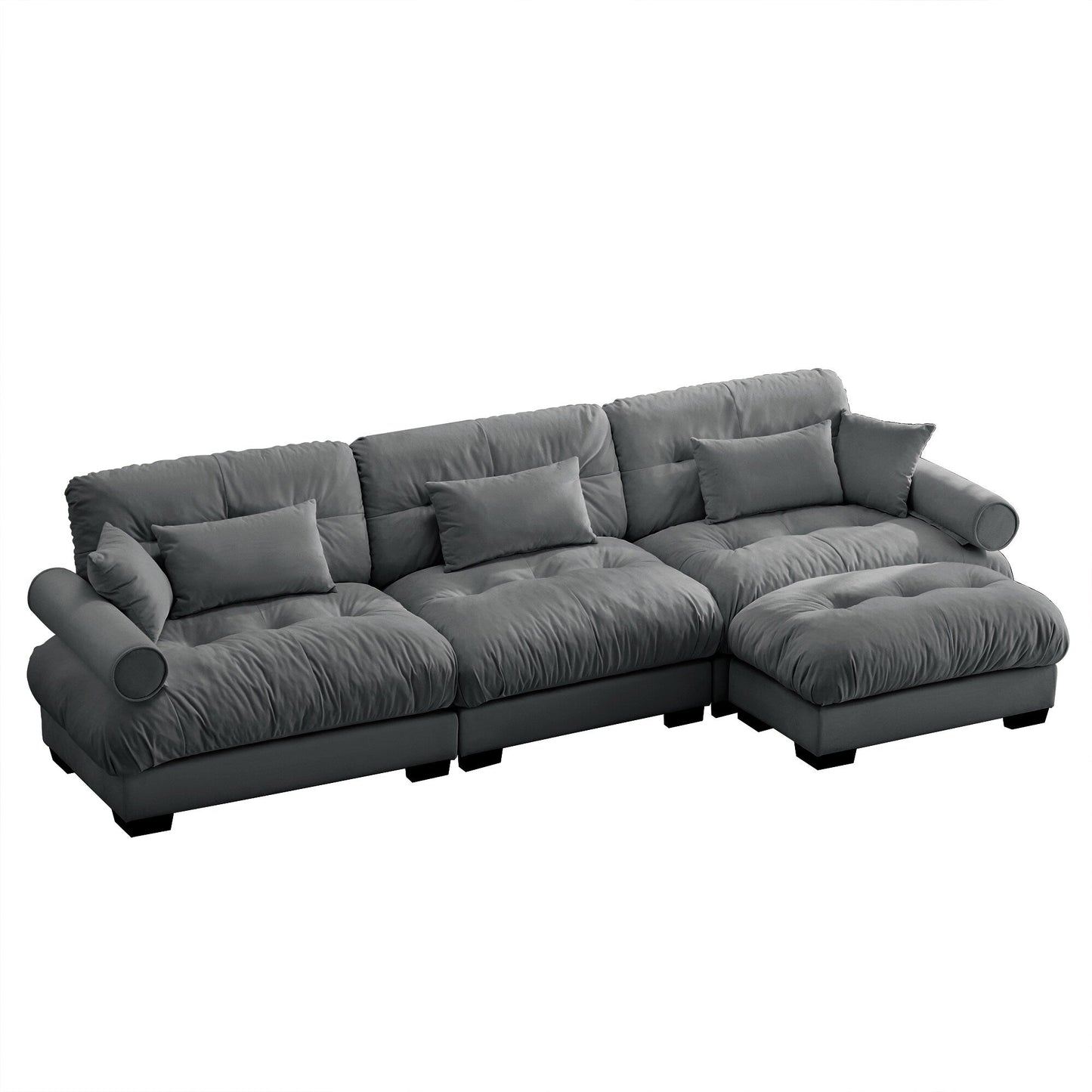 Modular Velvet Sectional Sofa Deep Seat L-Shaped Cloud Couch with Ottoman and Bolstered Armrests for Living Room
