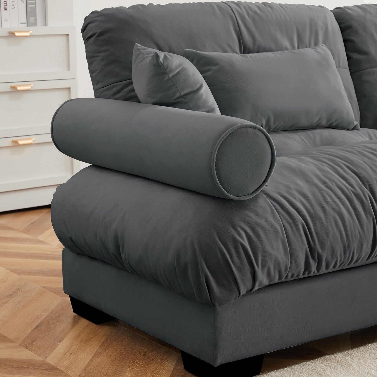 Modular Velvet Sectional Sofa Deep Seat L-Shaped Cloud Couch with Ottoman and Bolstered Armrests for Living Room
