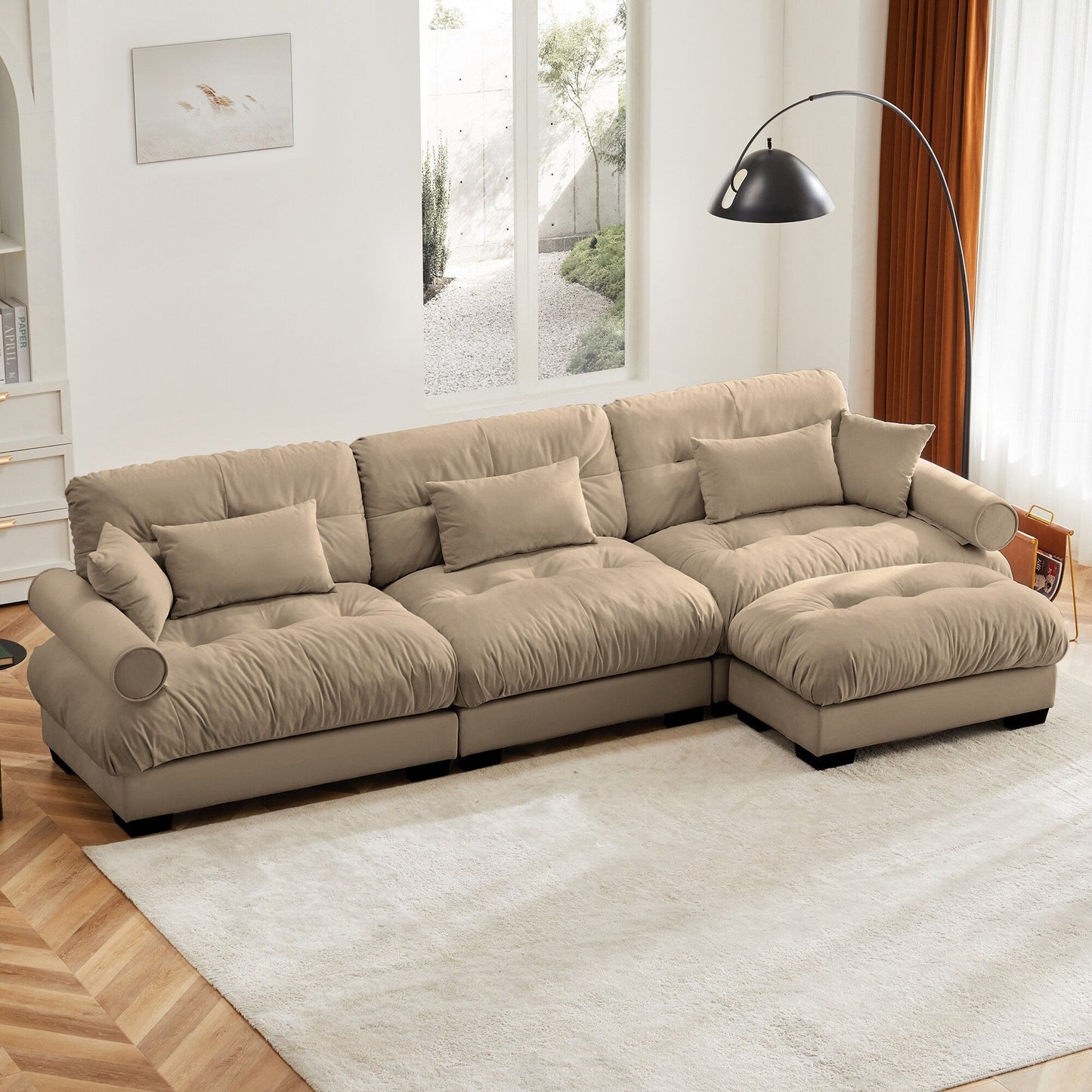 Modular Velvet Sectional Sofa Deep Seat L-Shaped Cloud Couch with Ottoman and Bolstered Armrests for Living Room