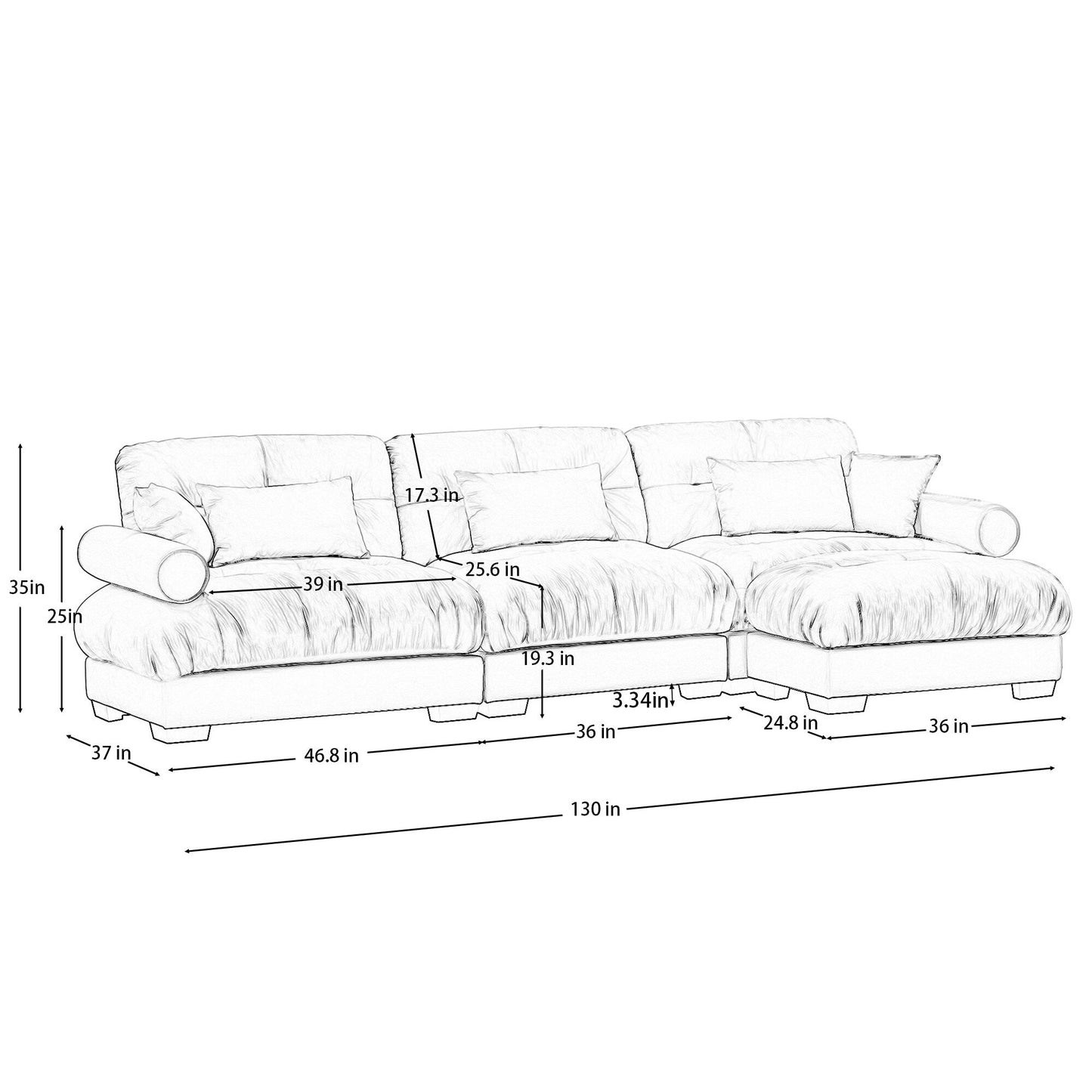 Modular Velvet Sectional Sofa Deep Seat L-Shaped Cloud Couch with Ottoman and Bolstered Armrests for Living Room