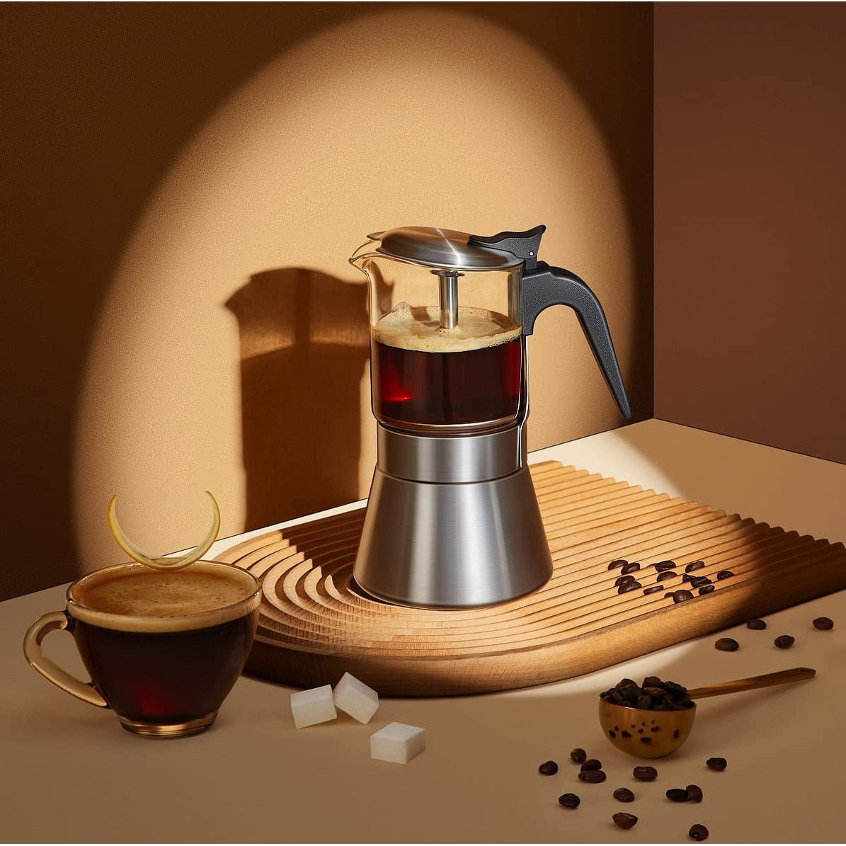 Moka Espressokocher für Induktionsherd mit Druckventil, Kristallglasplatte und Espresso-Mokkakanne aus Edelstahl, 240 ml