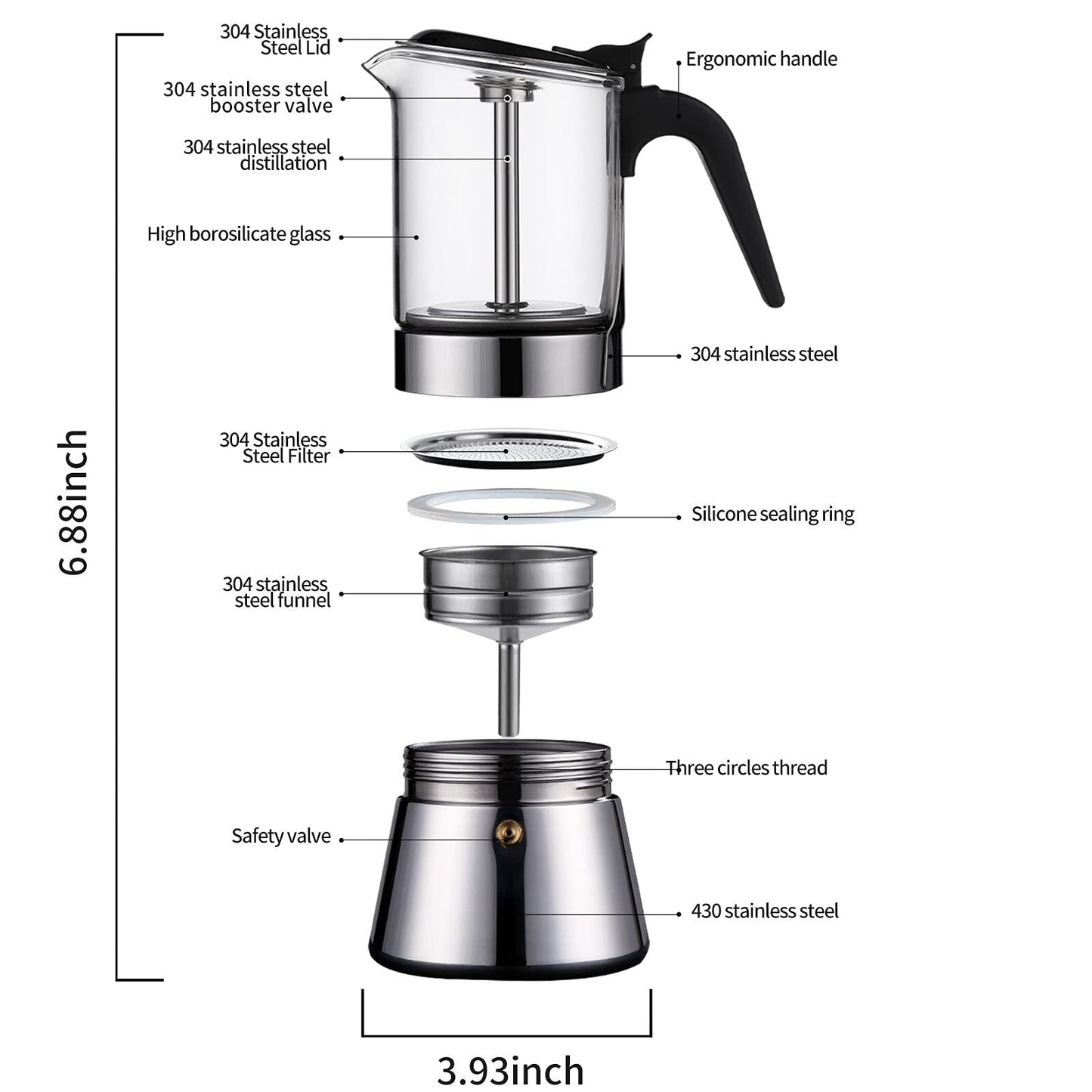 Moka Espressokocher für Induktionsherd mit Druckventil, Kristallglasplatte und Espresso-Mokkakanne aus Edelstahl, 240 ml