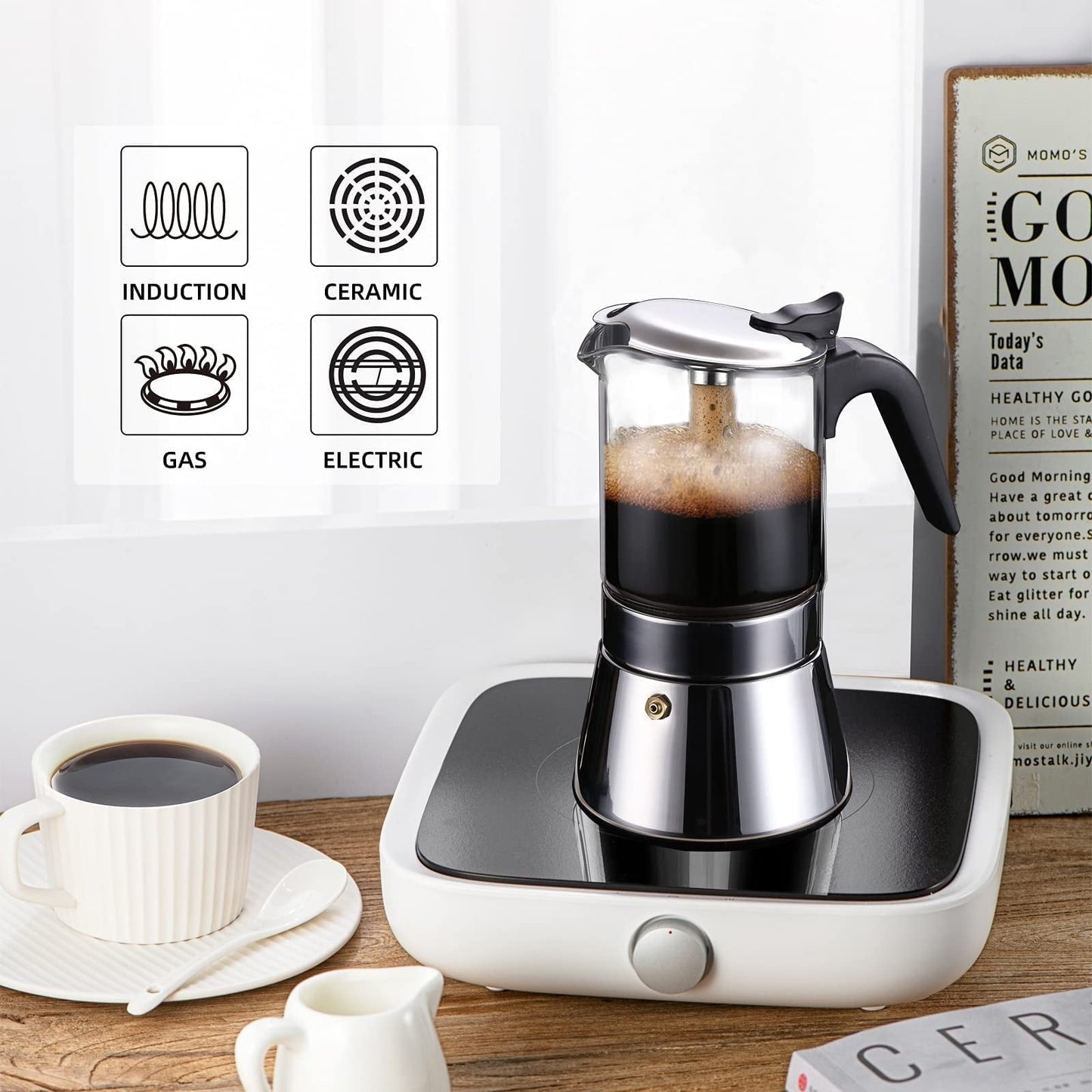 Moka Espressokocher für Induktionsherd mit Druckventil, Kristallglasplatte und Espresso-Mokkakanne aus Edelstahl, 240 ml