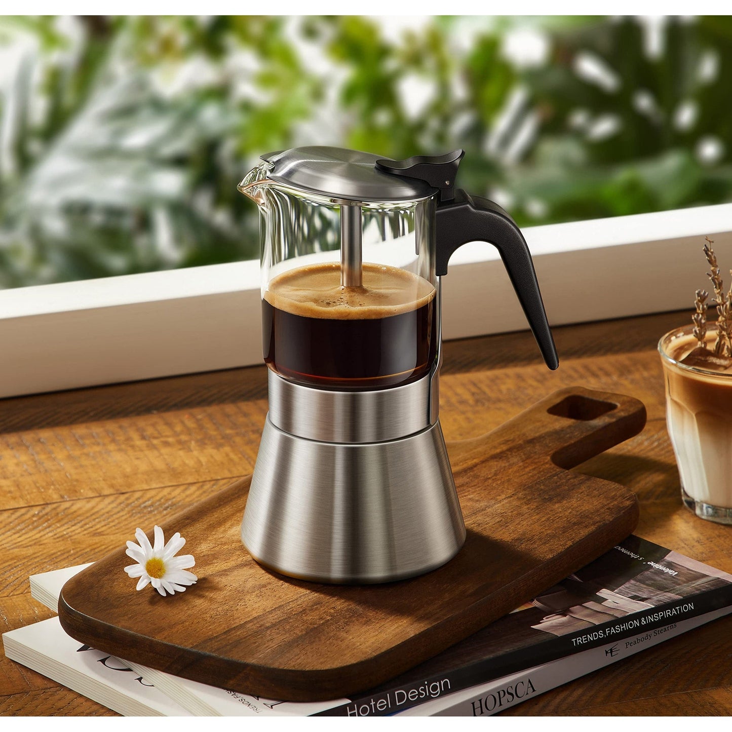 Moka Espressokocher für Induktionsherd mit Druckventil, Kristallglasplatte und Espresso-Mokkakanne aus Edelstahl, 240 ml