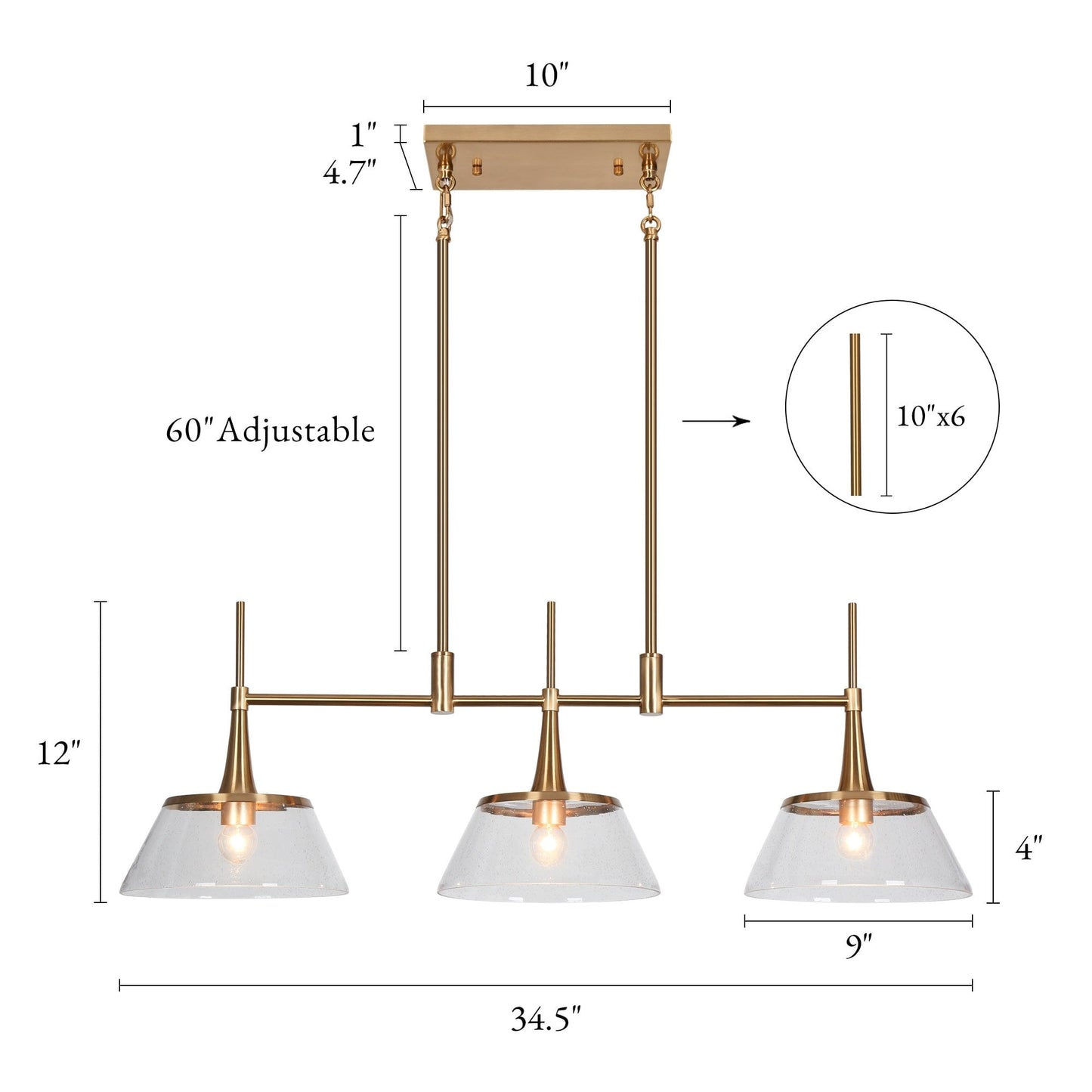 Mola Modern Gold 3-Licht Seeded Glass Kronleuchter Linear Island Pendelleuchte für Esszimmer