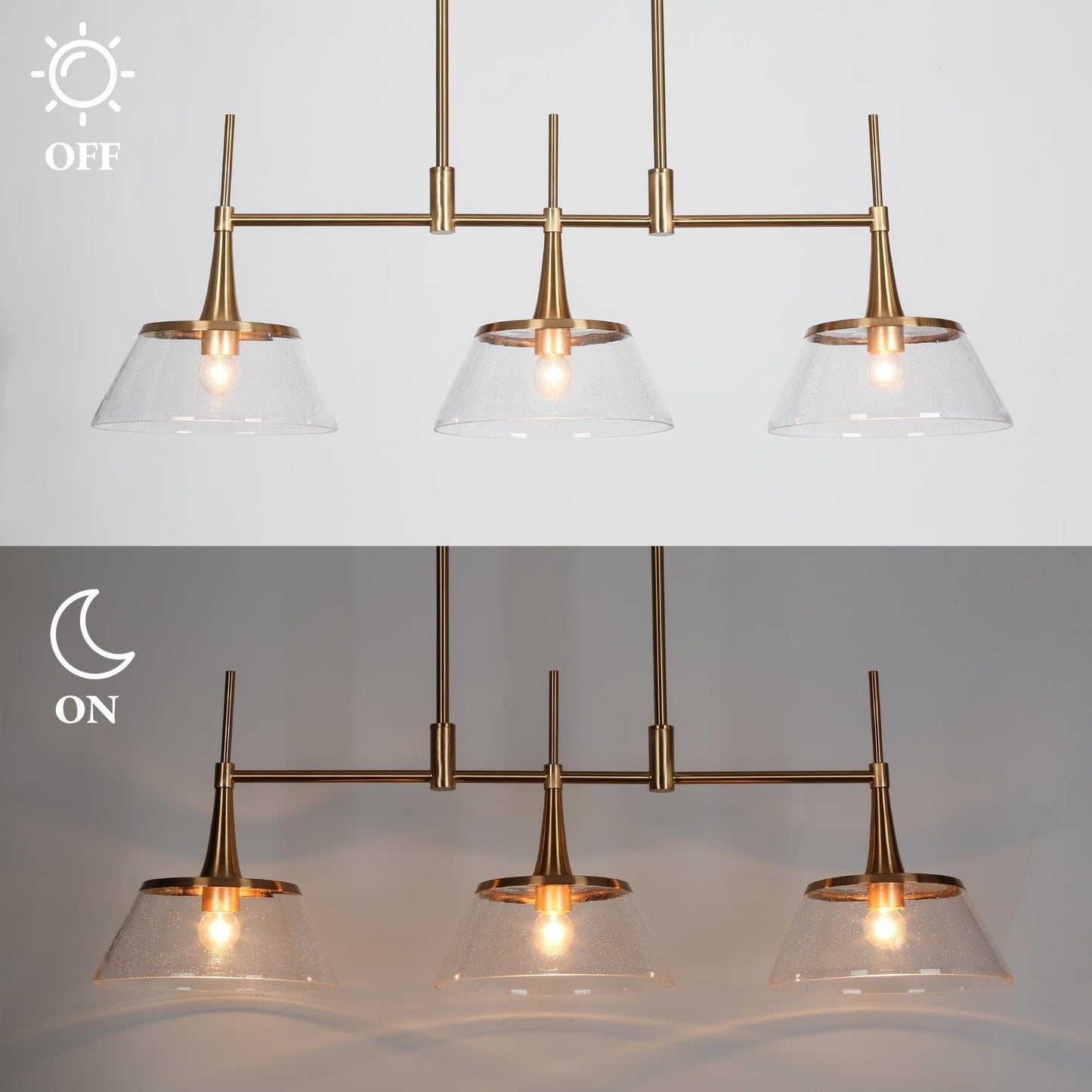 Mola Modern Gold 3-Licht Seeded Glass Kronleuchter Linear Island Pendelleuchte für Esszimmer
