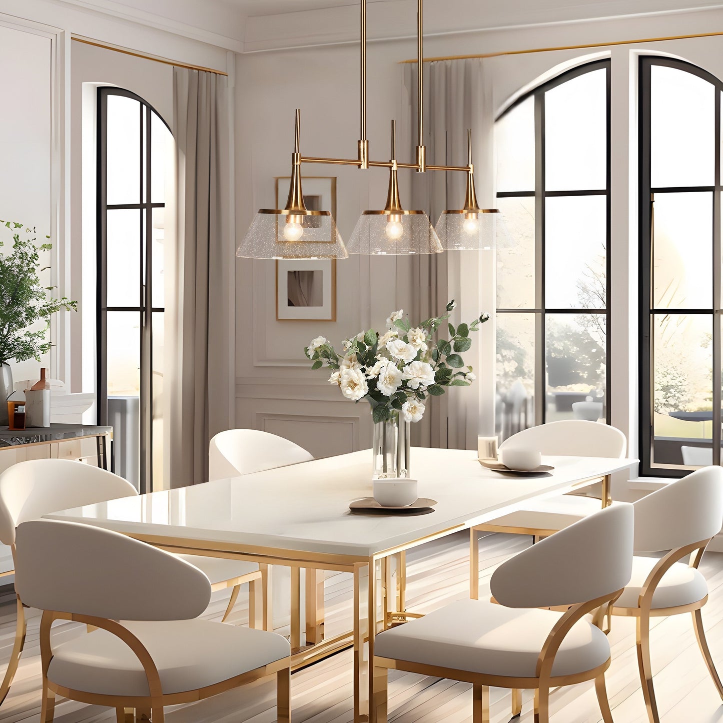 Mola Modern Gold 3-Licht Seeded Glass Kronleuchter Linear Island Pendelleuchte für Esszimmer