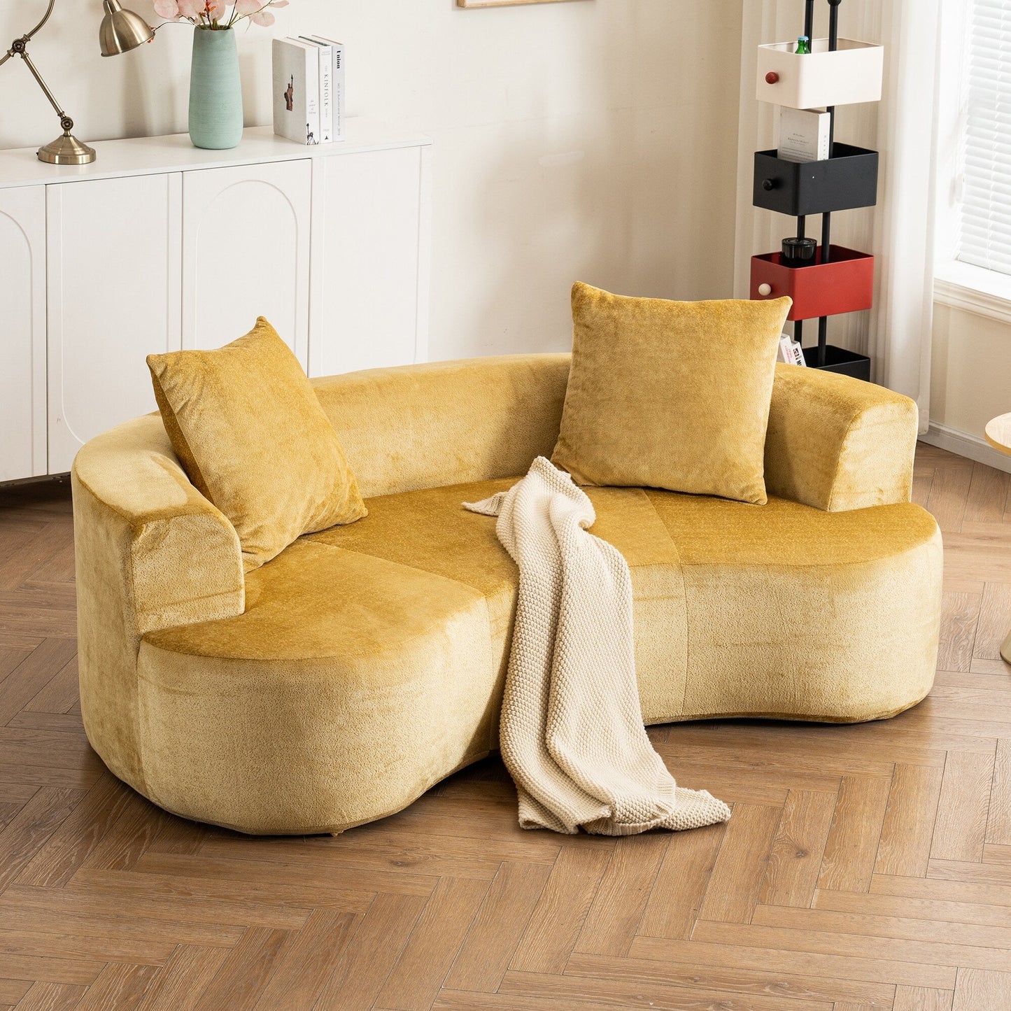 Moon shaped sofa, modern sleeper cat waist sofa with deep seat, non assembly sponge compression sofa