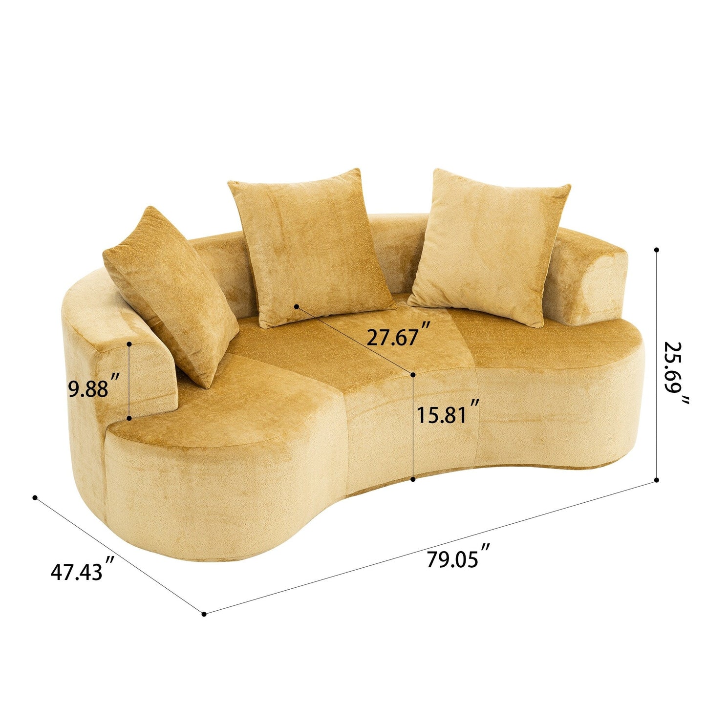 Moon shaped sofa, modern sleeper cat waist sofa with deep seat, non assembly sponge compression sofa