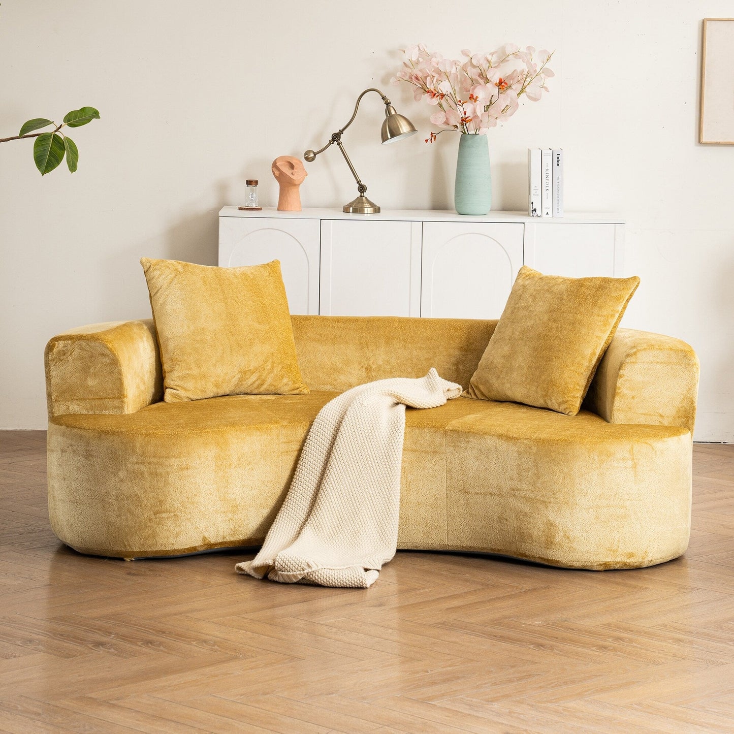 Moon shaped sofa, modern sleeper cat waist sofa with deep seat, non assembly sponge compression sofa