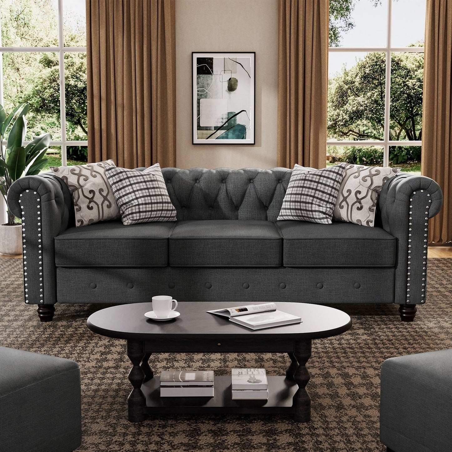 Morden Fort Linen Chesterfield Sofa with Button Tufted, Nailhead and Solid Wood Legs for Living Room