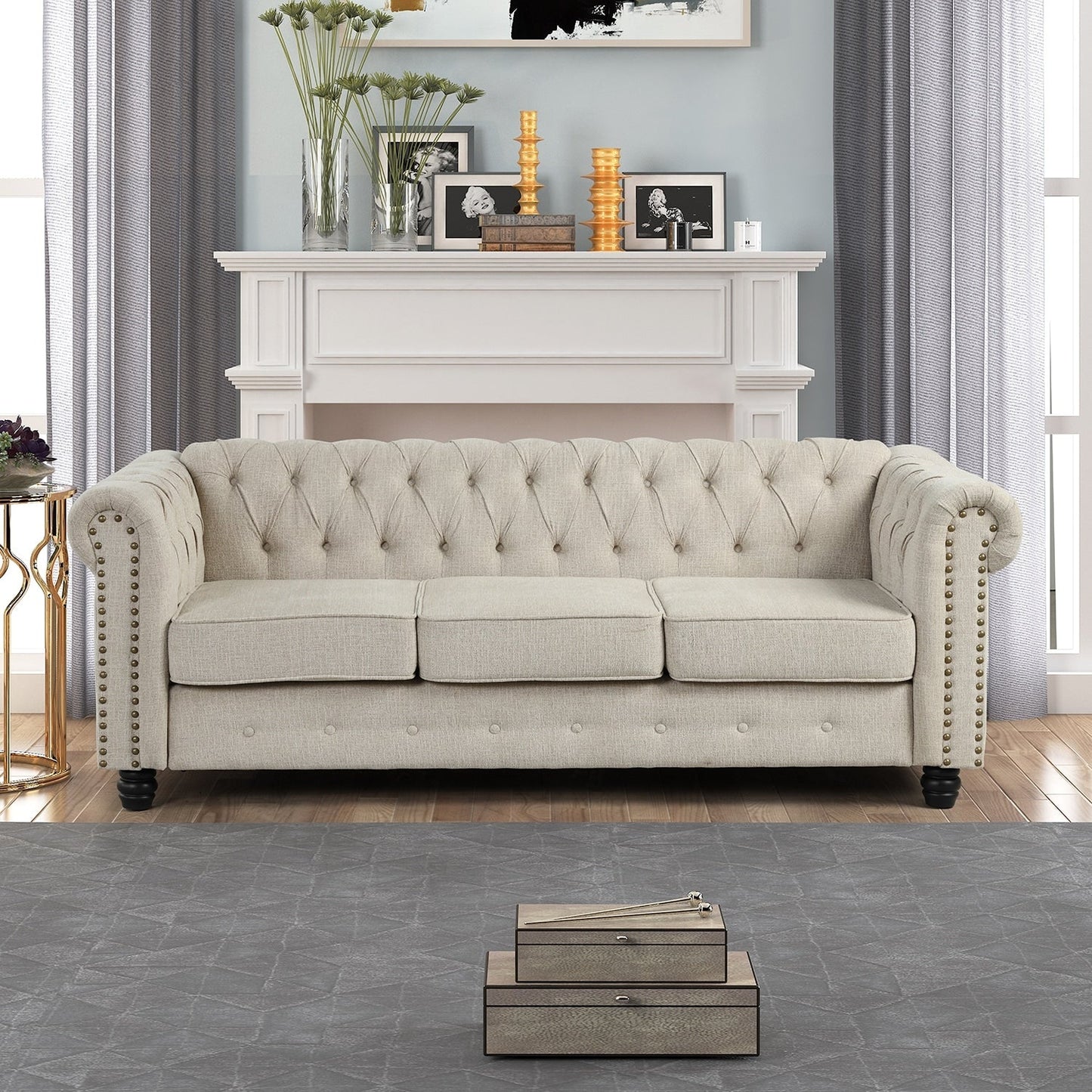 Morden Fort Linen Chesterfield Sofa with Button Tufted, Nailhead and Solid Wood Legs for Living Room