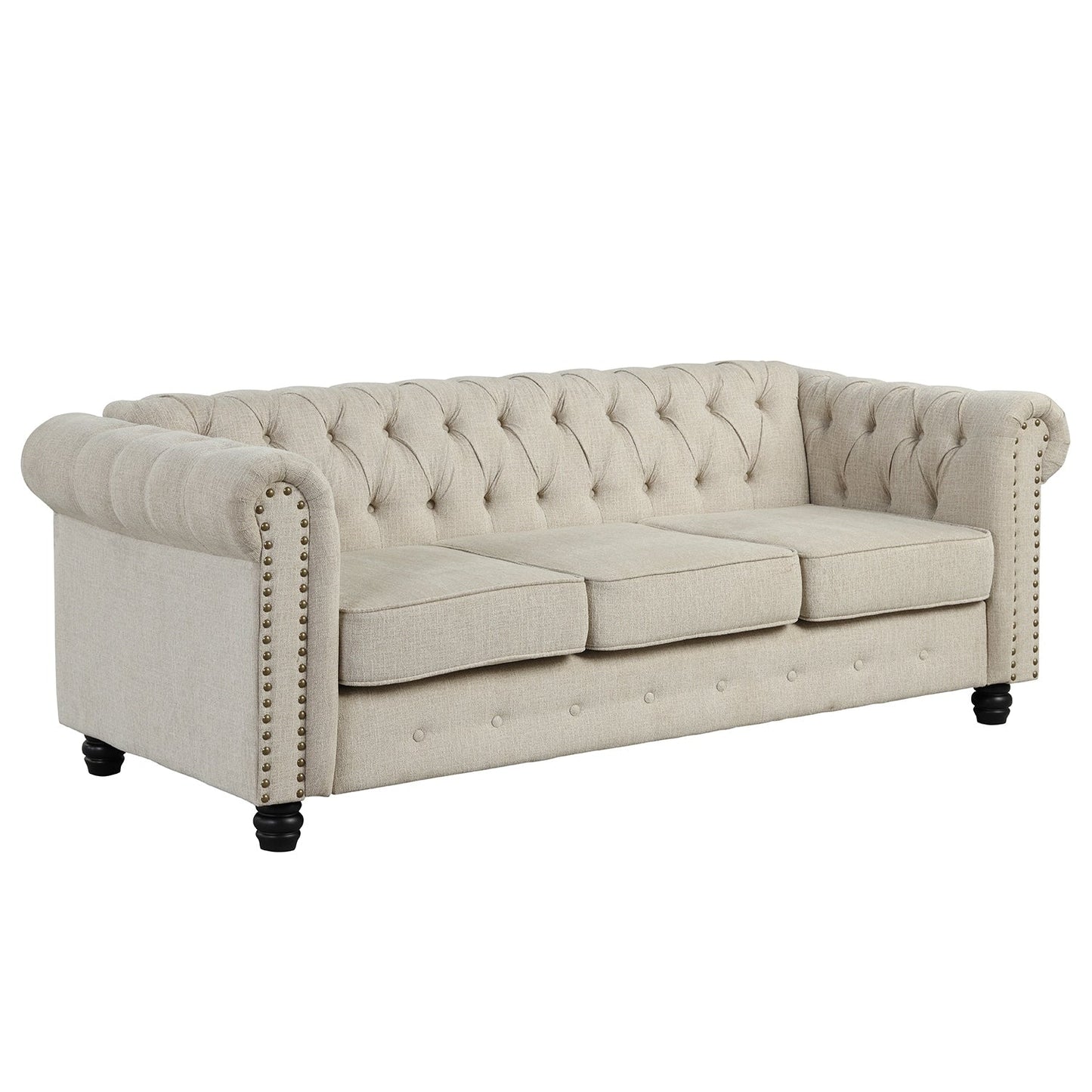 Morden Fort Linen Chesterfield Sofa with Button Tufted, Nailhead and Solid Wood Legs for Living Room