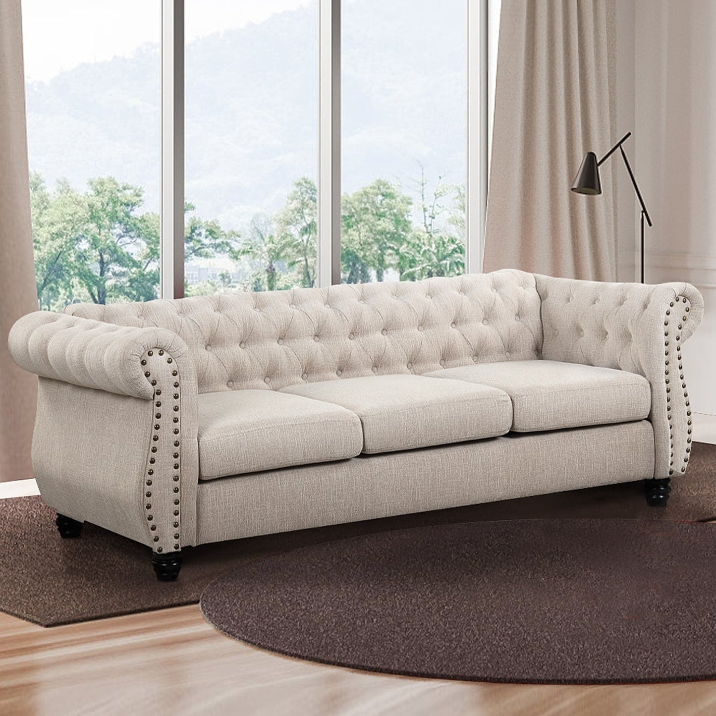 Morden Fort Chesterfield Tufted Velvet Sofa | Rolled Arm 3-Seater Couch