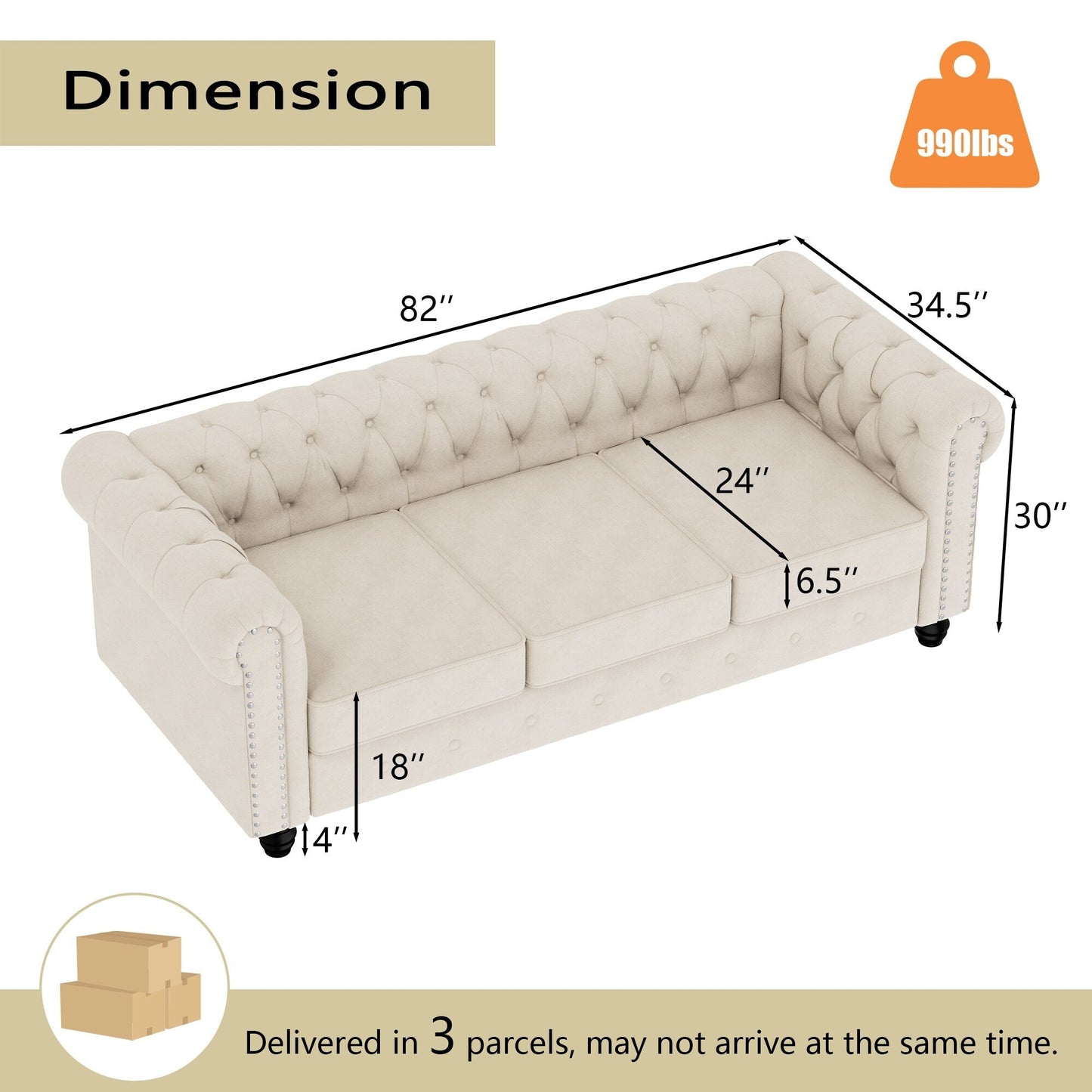 Morden Fort Velvet Upholstered Chesterfield Sofa with Nailhead and Solid Legs for Living Room