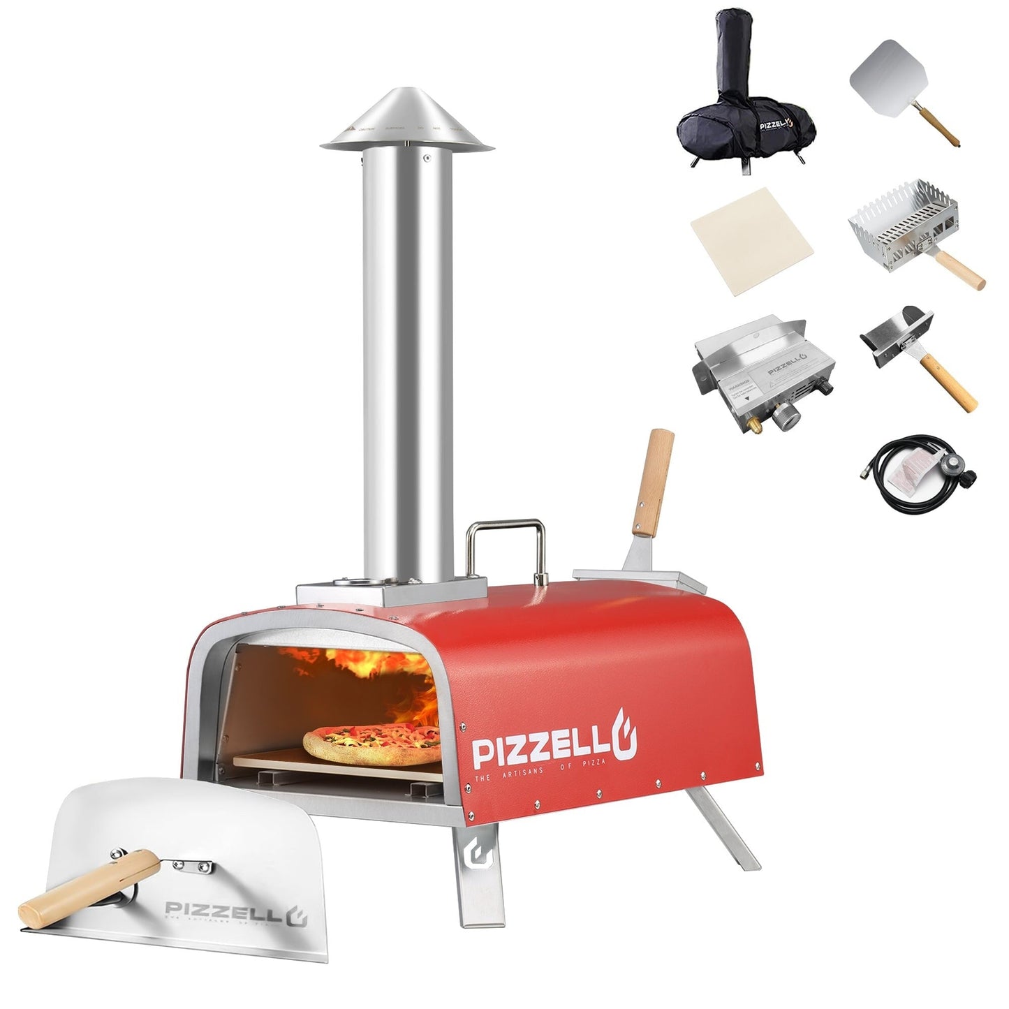 Multi-Fuel-Pizzaofen für den Außenbereich, Steinofen-Pizzamaker mit Gasbrenner und Holzbox – 12 Zoll