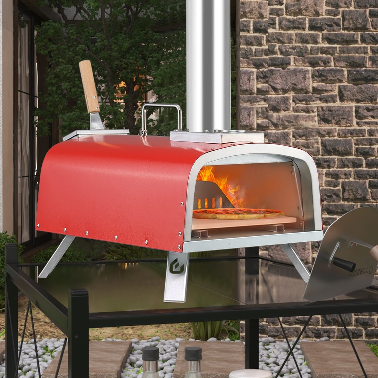 Multi-Fuel-Pizzaofen für den Außenbereich, Steinofen-Pizzamaker mit Gasbrenner und Holzbox – 12 Zoll