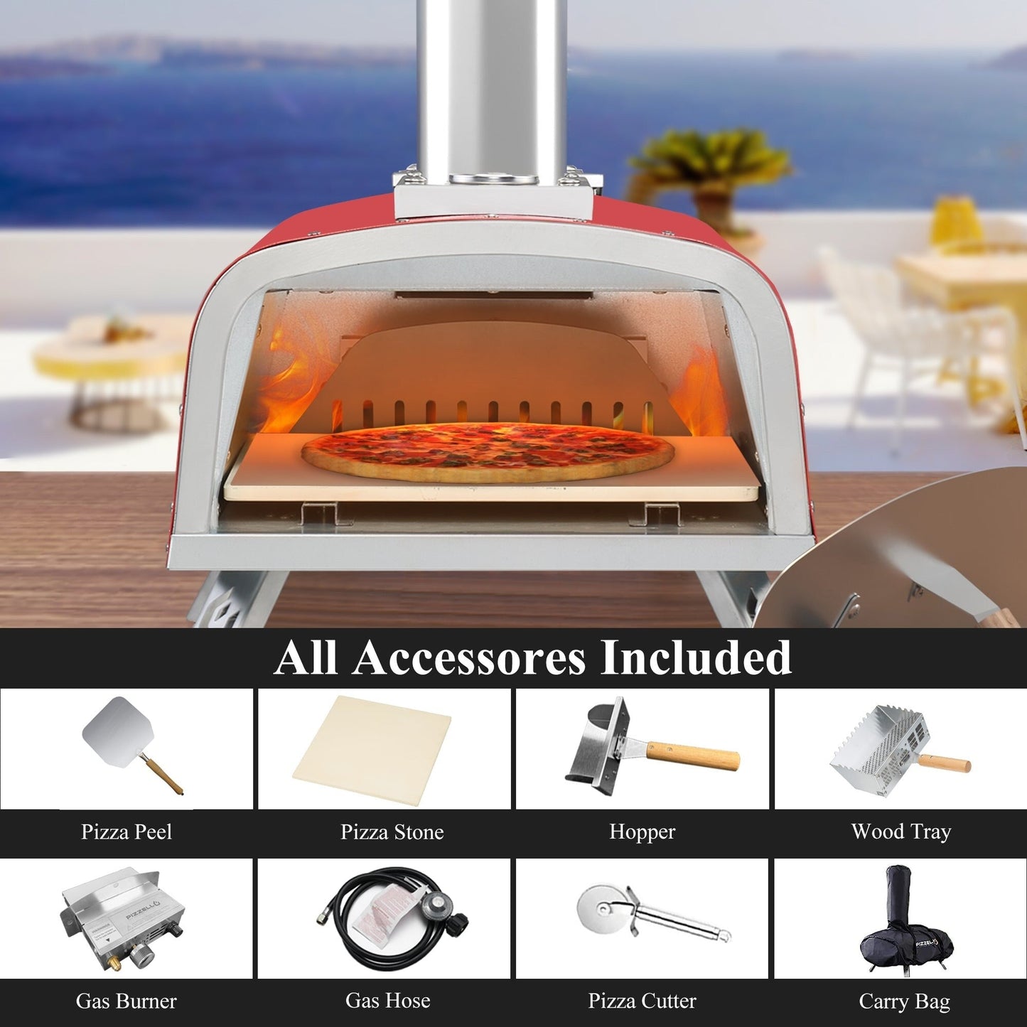 Multi-Fuel-Pizzaofen für den Außenbereich, Steinofen-Pizzamaker mit Gasbrenner und Holzbox – 12 Zoll