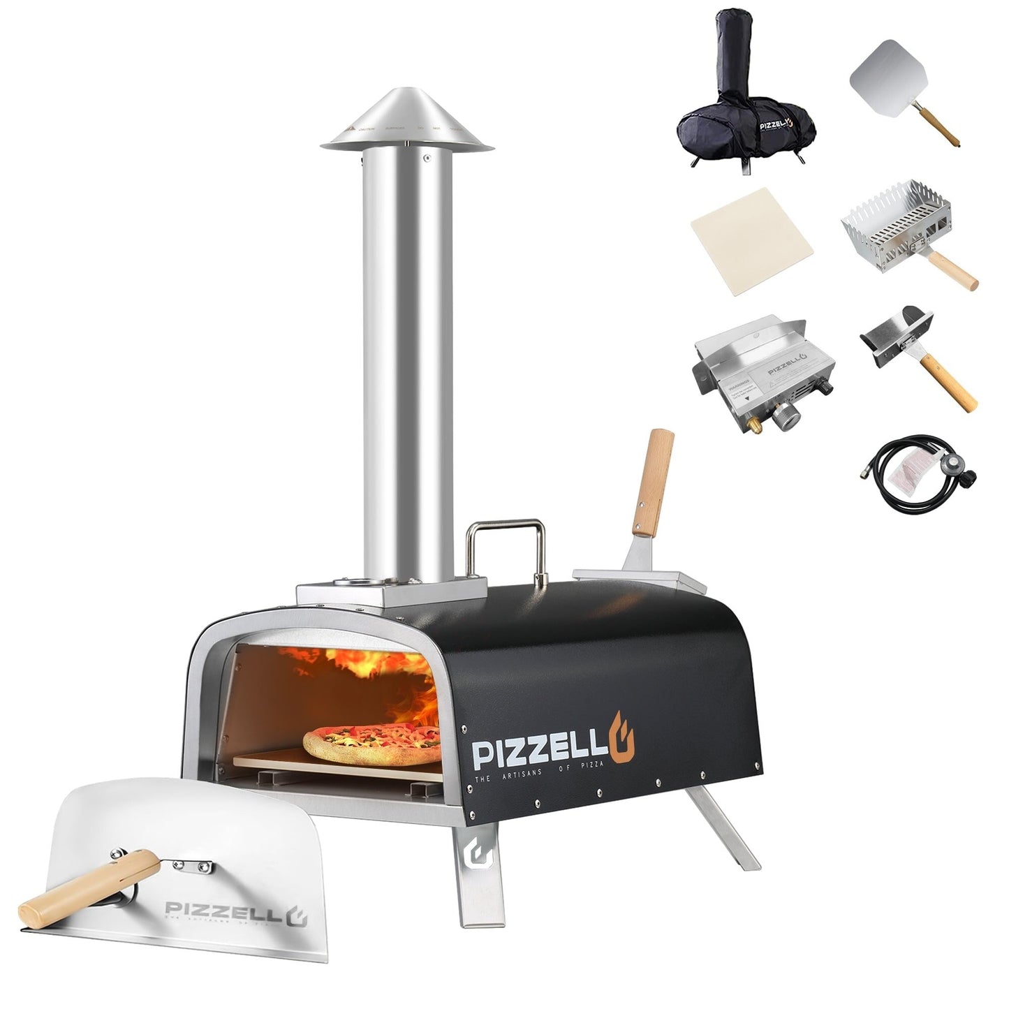 Multi-Fuel-Pizzaofen für den Außenbereich, Steinofen-Pizzamaker mit Gasbrenner und Holzbox – 12 Zoll
