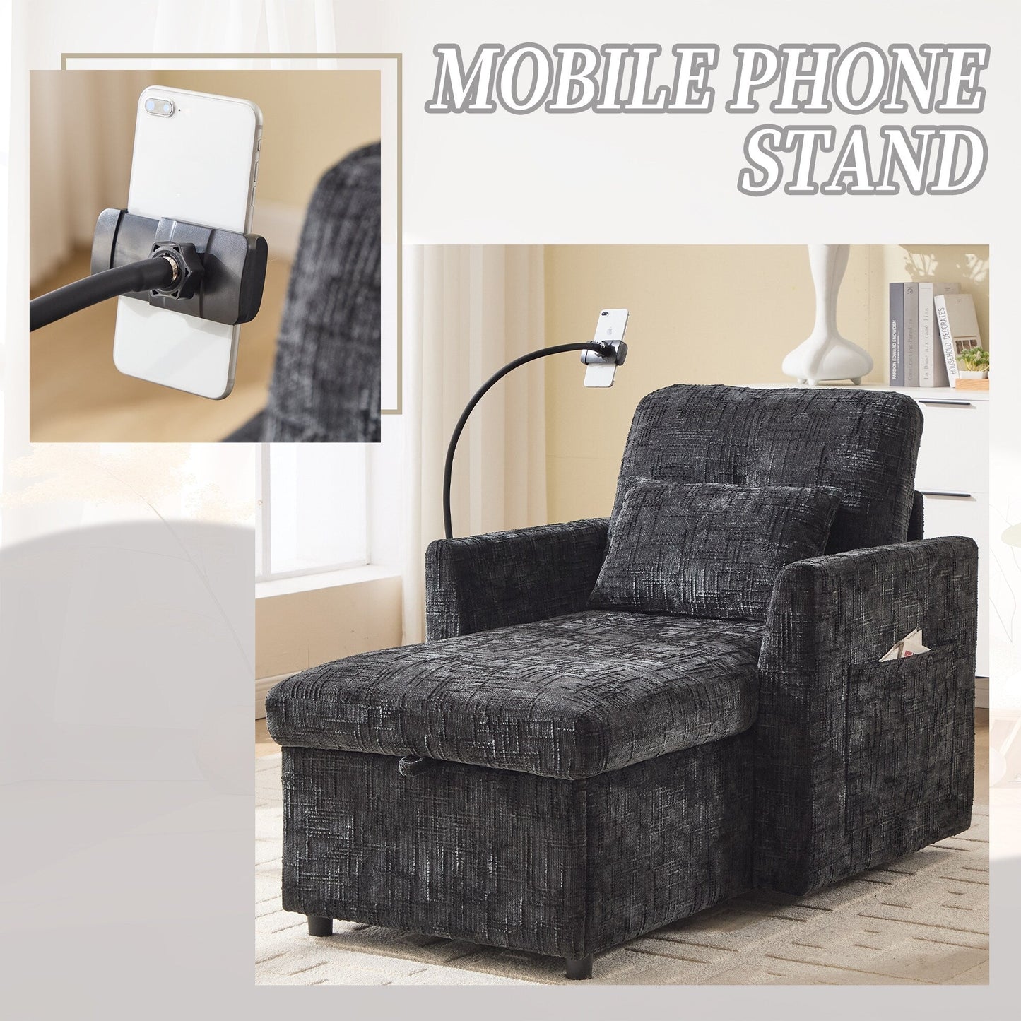 Multifunctional Lazy Person Sofa Recliner Can Be Stored Storage Backrest With Cell Phone Bracket Chenille Single Leisure Chair