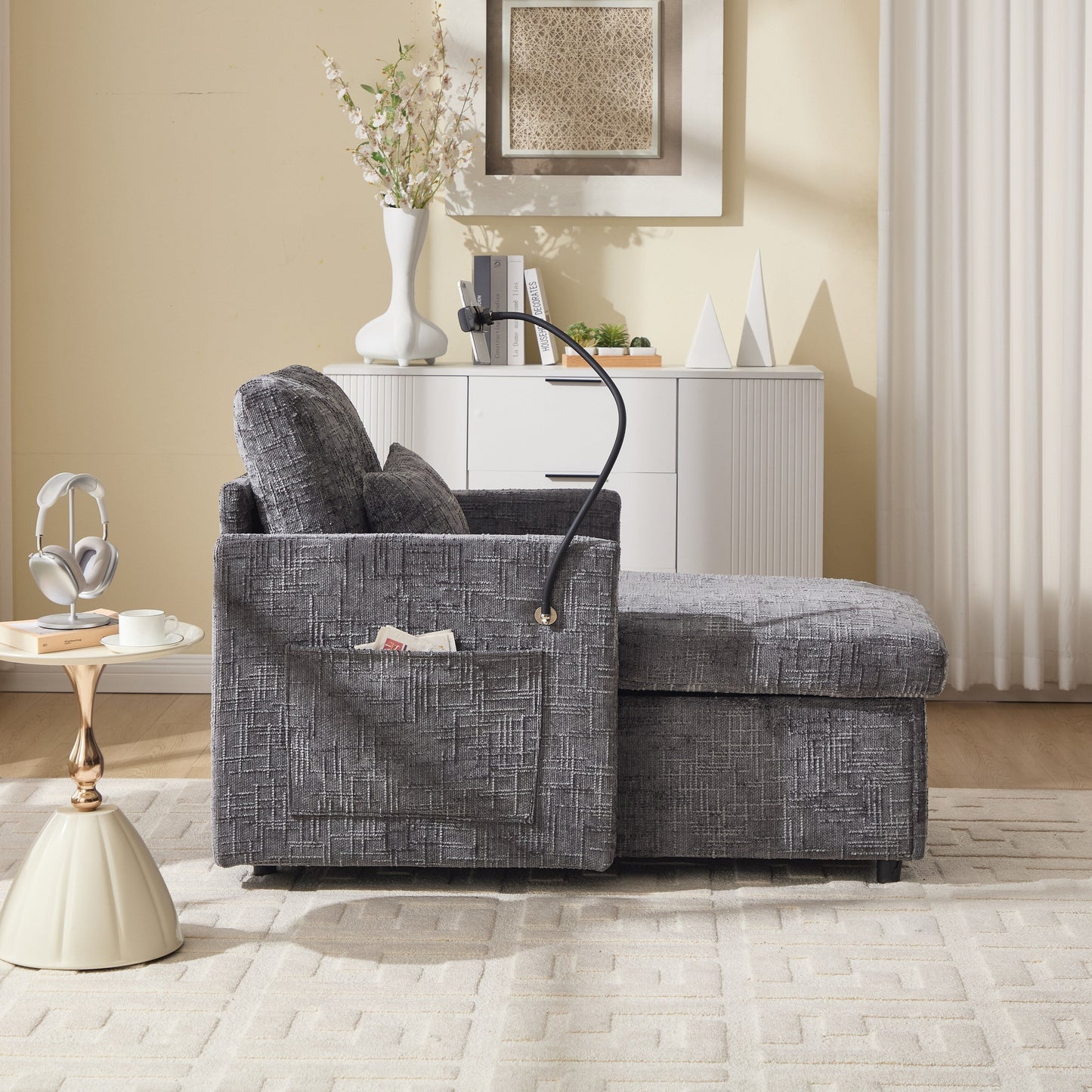 Multifunctional Lazy Person Sofa Recliner Can Be Stored Storage Backrest With Cell Phone Bracket Chenille Single Leisure Chair