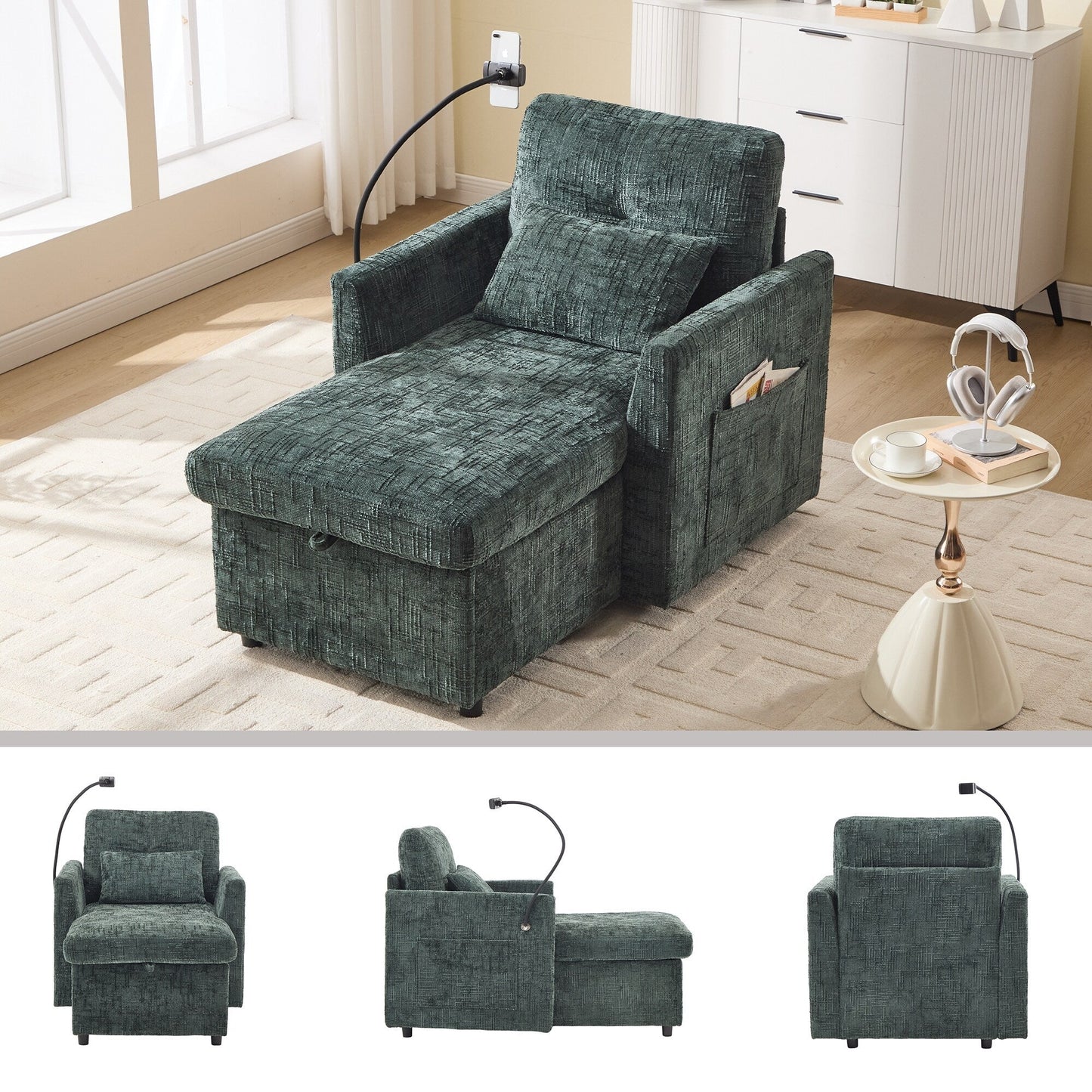Multifunctional Lazy Person Sofa Recliner Can Be Stored Storage Backrest With Cell Phone Bracket Chenille Single Leisure Chair