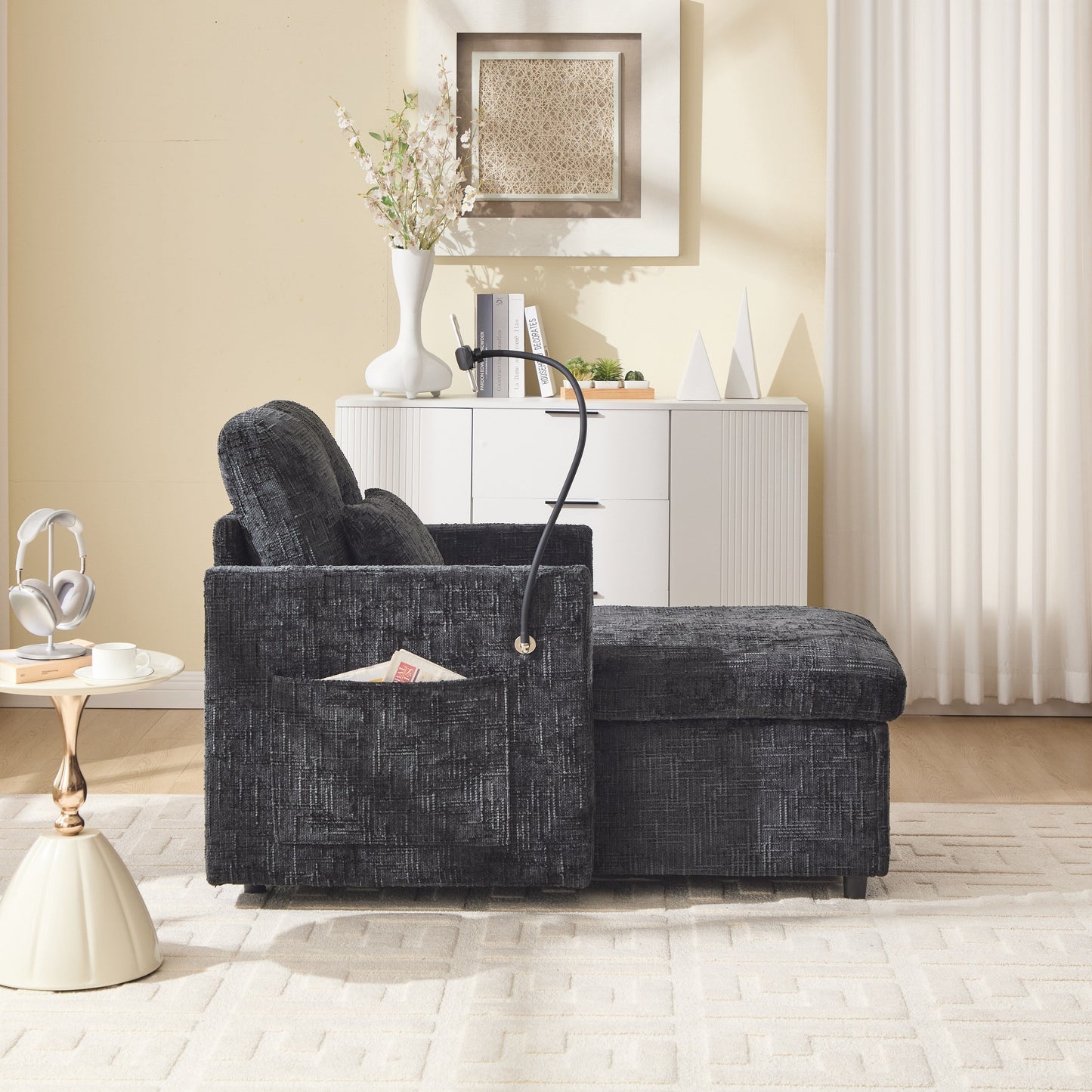 Multifunctional Lazy Person Sofa Recliner Can Be Stored Storage Backrest With Cell Phone Bracket Chenille Single Leisure Chair
