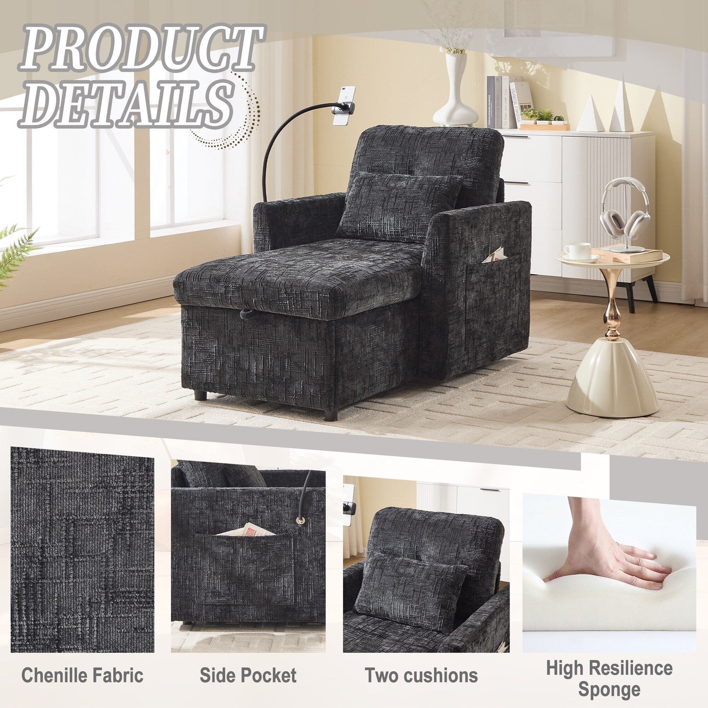Multifunctional Lazy Person Sofa Recliner Can Be Stored Storage Backrest With Cell Phone Bracket Chenille Single Leisure Chair