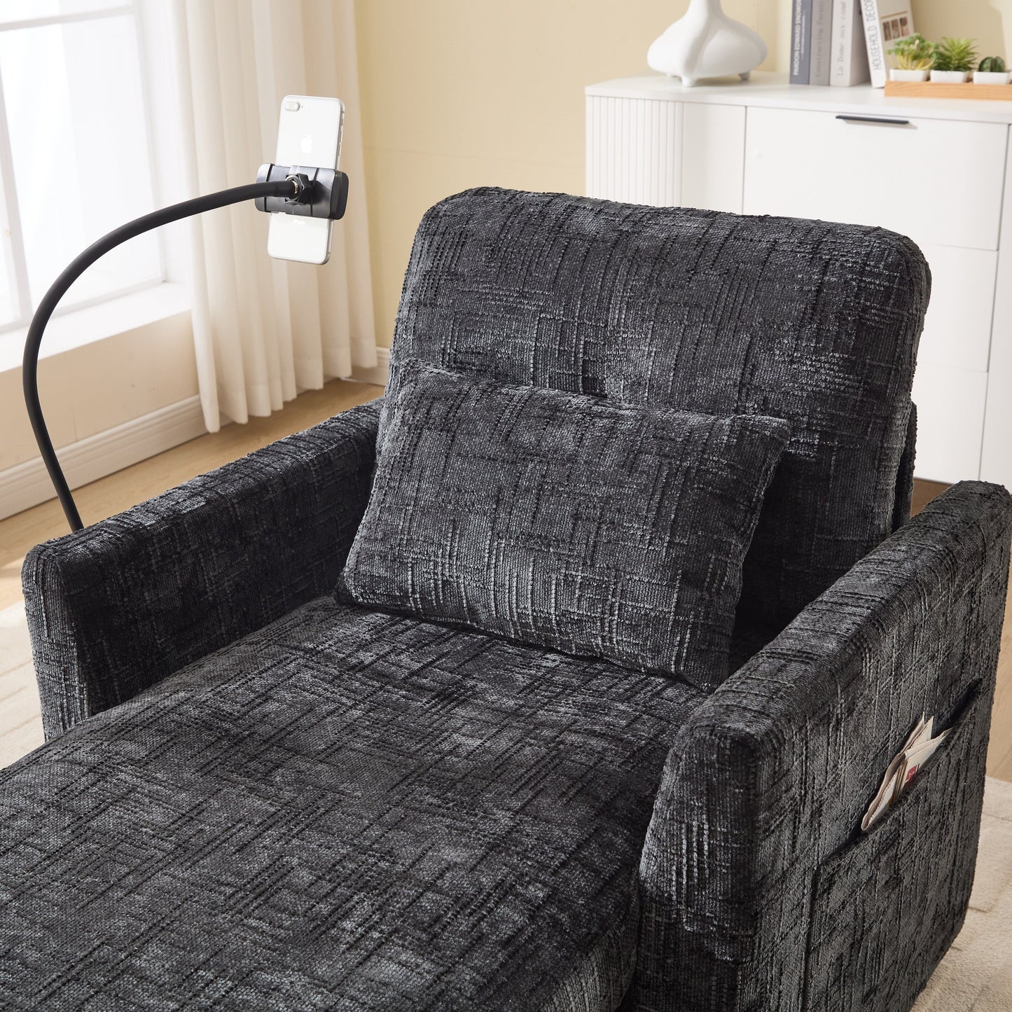Multifunctional Lazy Person Sofa Recliner Can Be Stored Storage Backrest With Cell Phone Bracket Chenille Single Leisure Chair