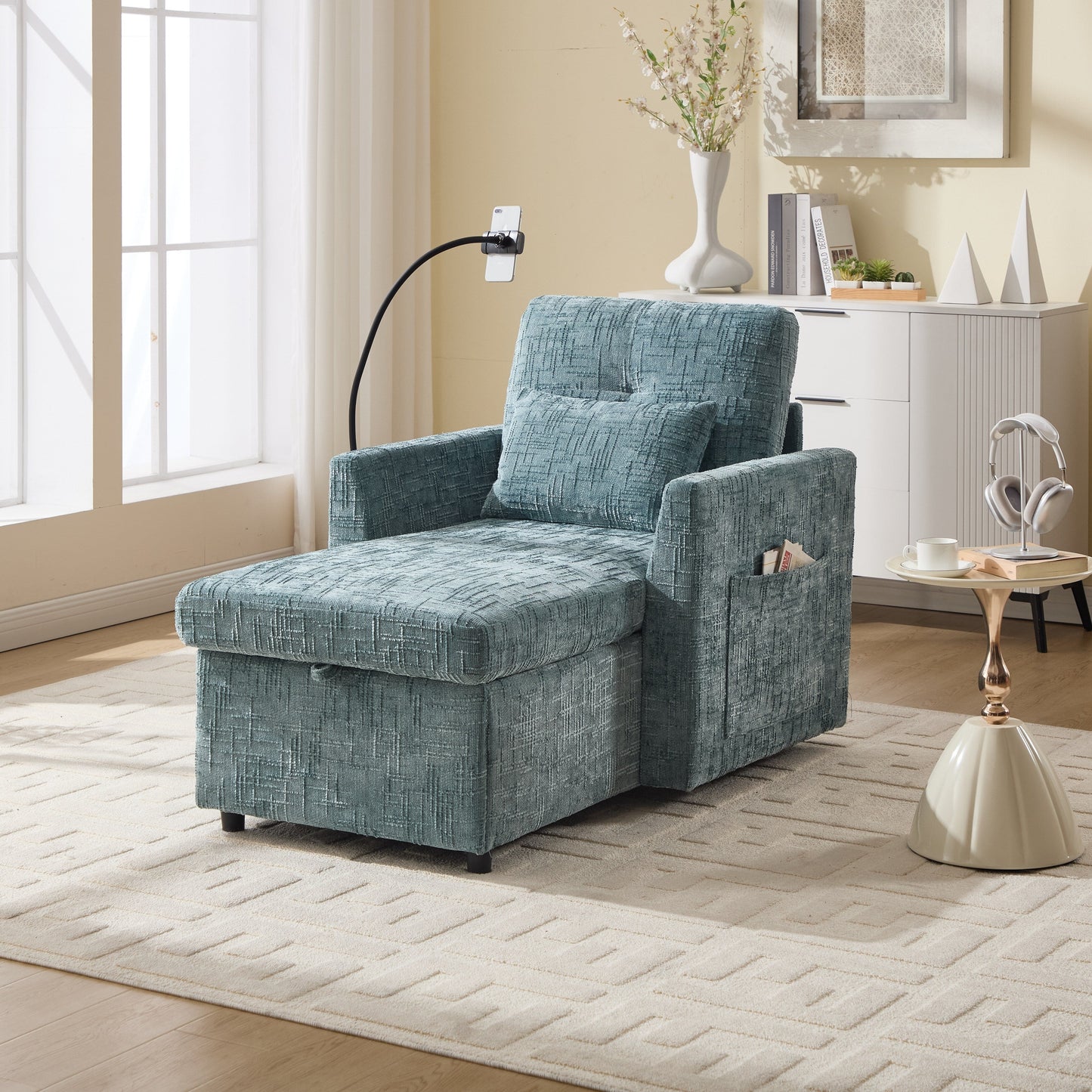 Multifunctional Lazy Person Sofa Recliner Can Be Stored Storage Backrest With Cell Phone Bracket Chenille Single Leisure Chair