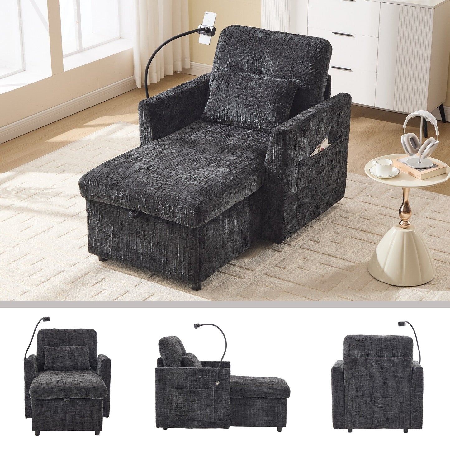 Multifunctional Lazy Person Sofa Recliner Can Be Stored Storage Backrest With Cell Phone Bracket Chenille Single Leisure Chair