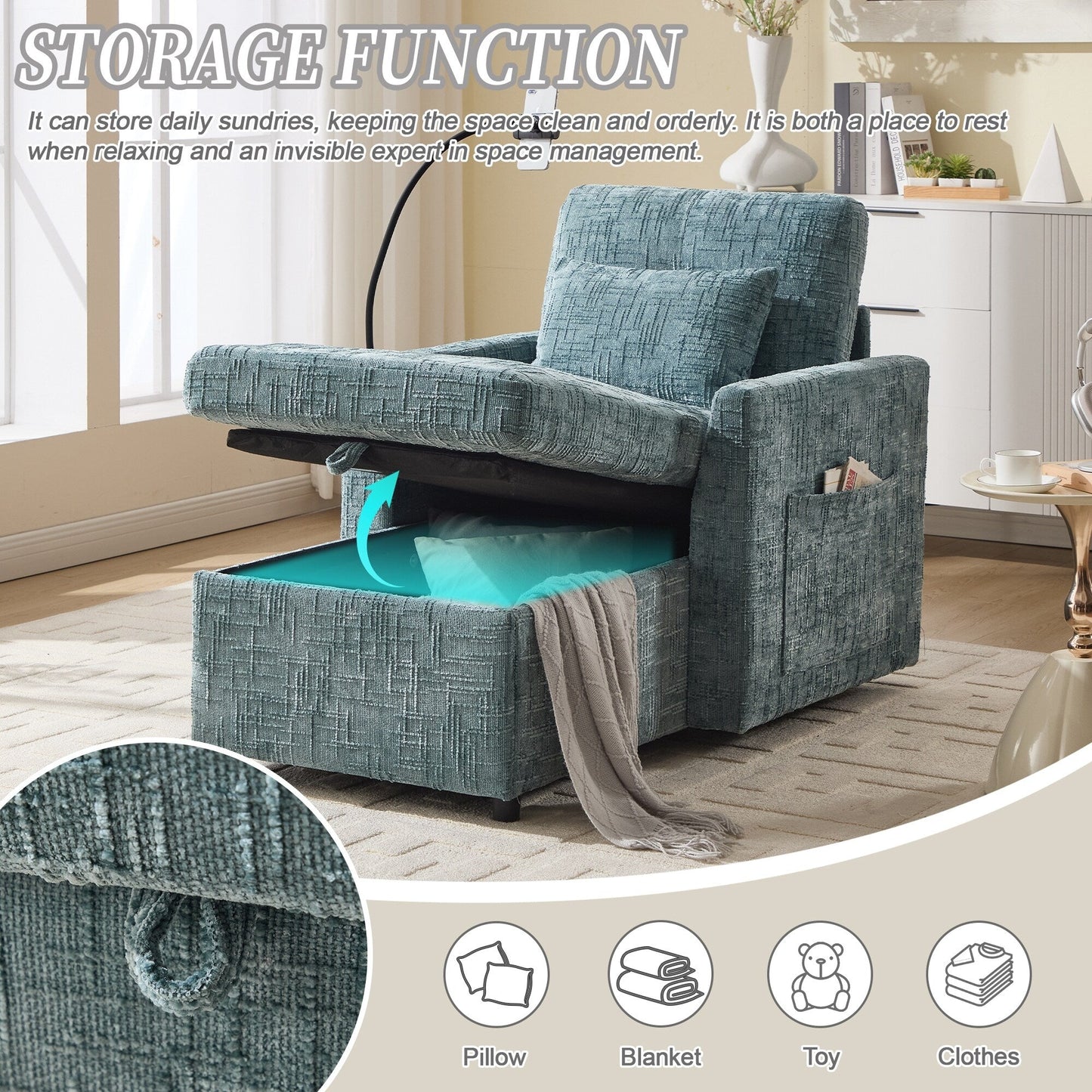 Multifunctional Lazy Person Sofa Recliner Can Be Stored Storage Backrest With Cell Phone Bracket Chenille Single Leisure Chair