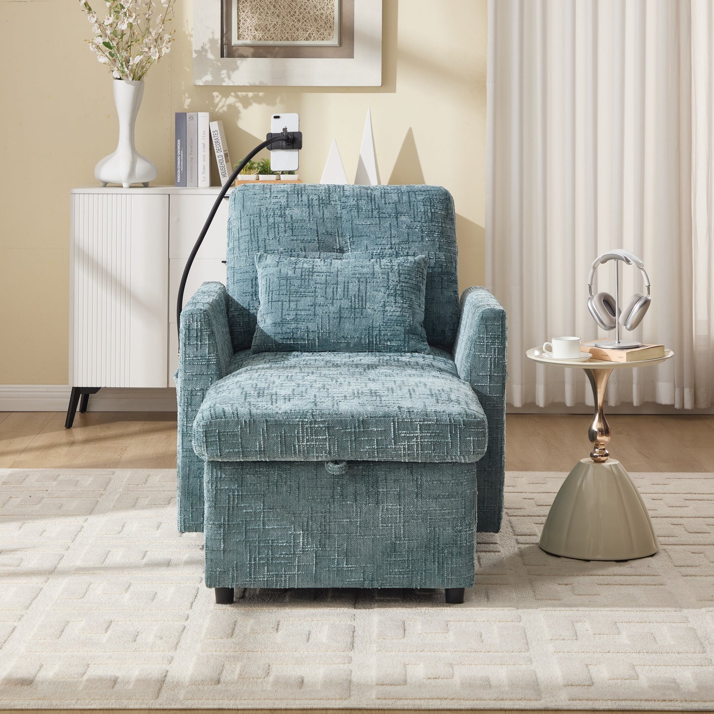 Multifunctional Lazy Person Sofa Recliner Can Be Stored Storage Backrest With Cell Phone Bracket Chenille Single Leisure Chair