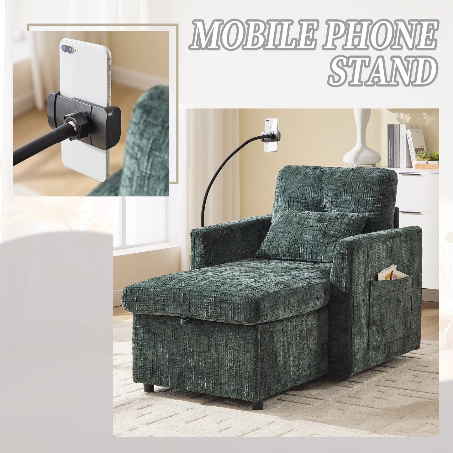 Multifunctional Lazy Person Sofa Recliner Can Be Stored Storage Backrest With Cell Phone Bracket Chenille Single Leisure Chair