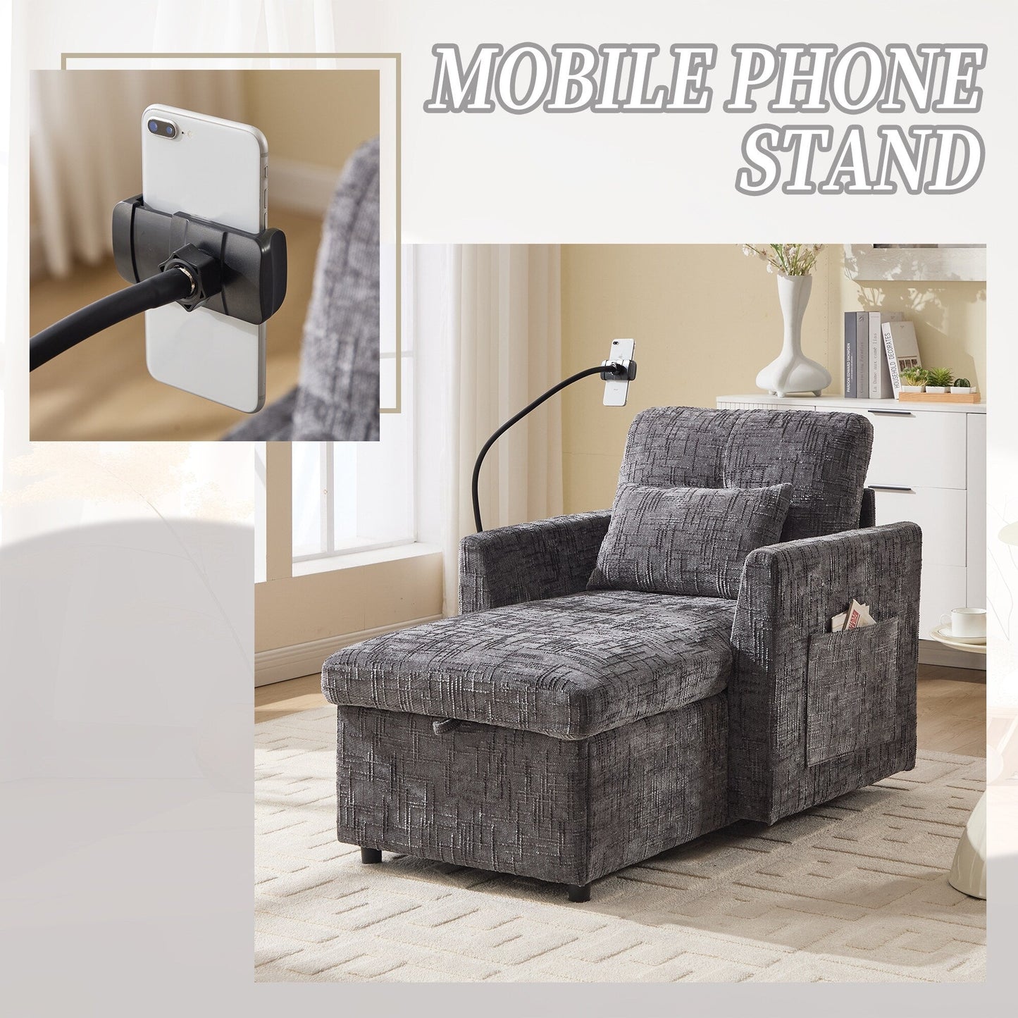 Multifunctional Lazy Person Sofa Recliner Can Be Stored Storage Backrest With Cell Phone Bracket Chenille Single Leisure Chair