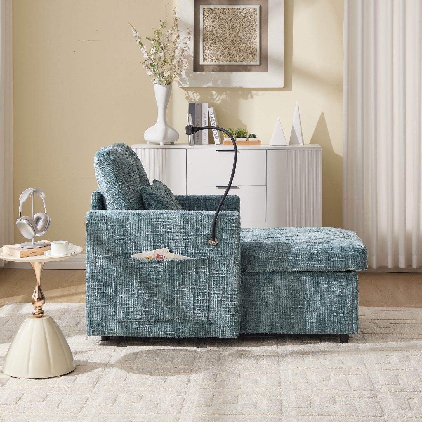Multifunctional Lazy Person Sofa Recliner Can Be Stored Storage Backrest With Cell Phone Bracket Chenille Single Leisure Chair