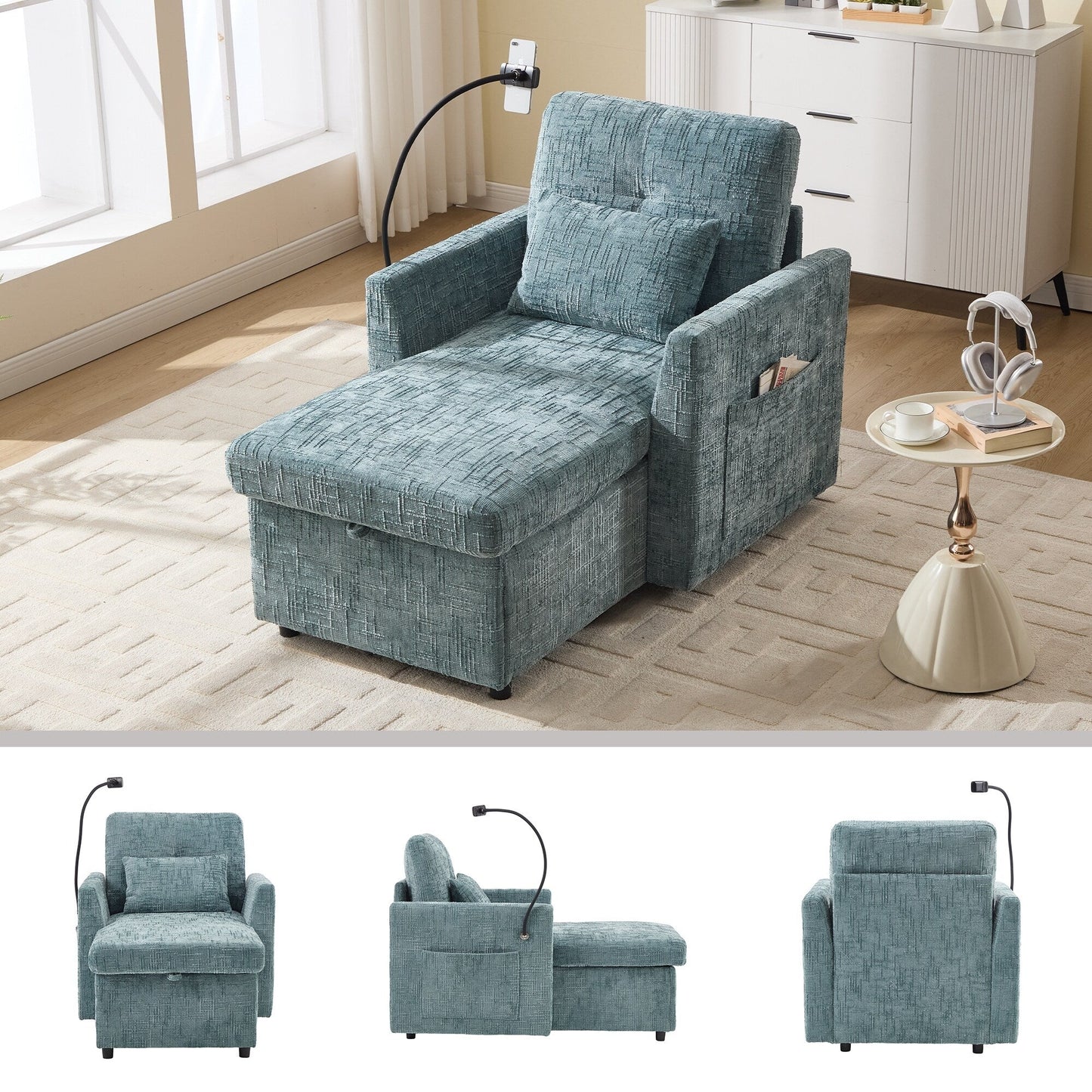 Multifunctional Lazy Person Sofa Recliner Can Be Stored Storage Backrest With Cell Phone Bracket Chenille Single Leisure Chair