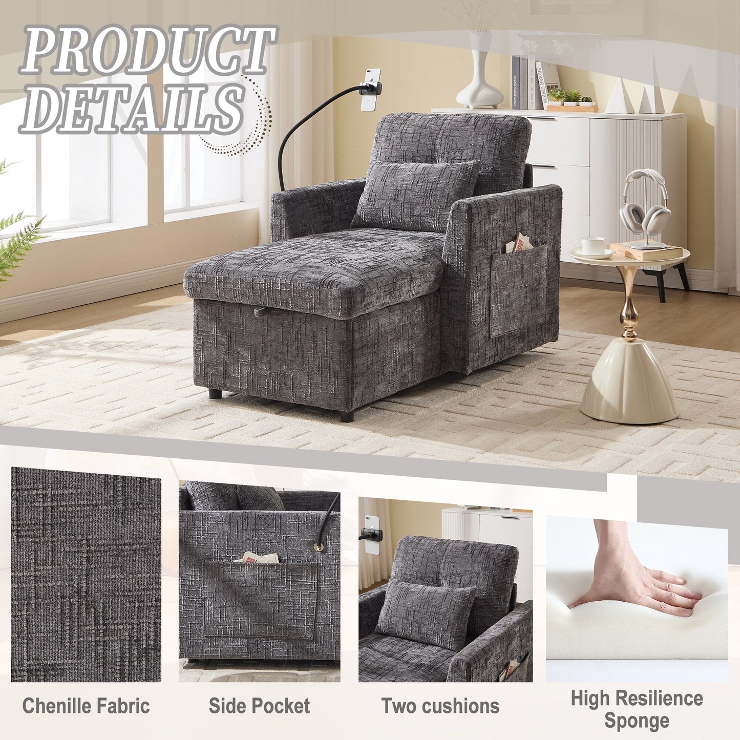 Multifunctional Lazy Person Sofa Recliner Can Be Stored Storage Backrest With Cell Phone Bracket Chenille Single Leisure Chair