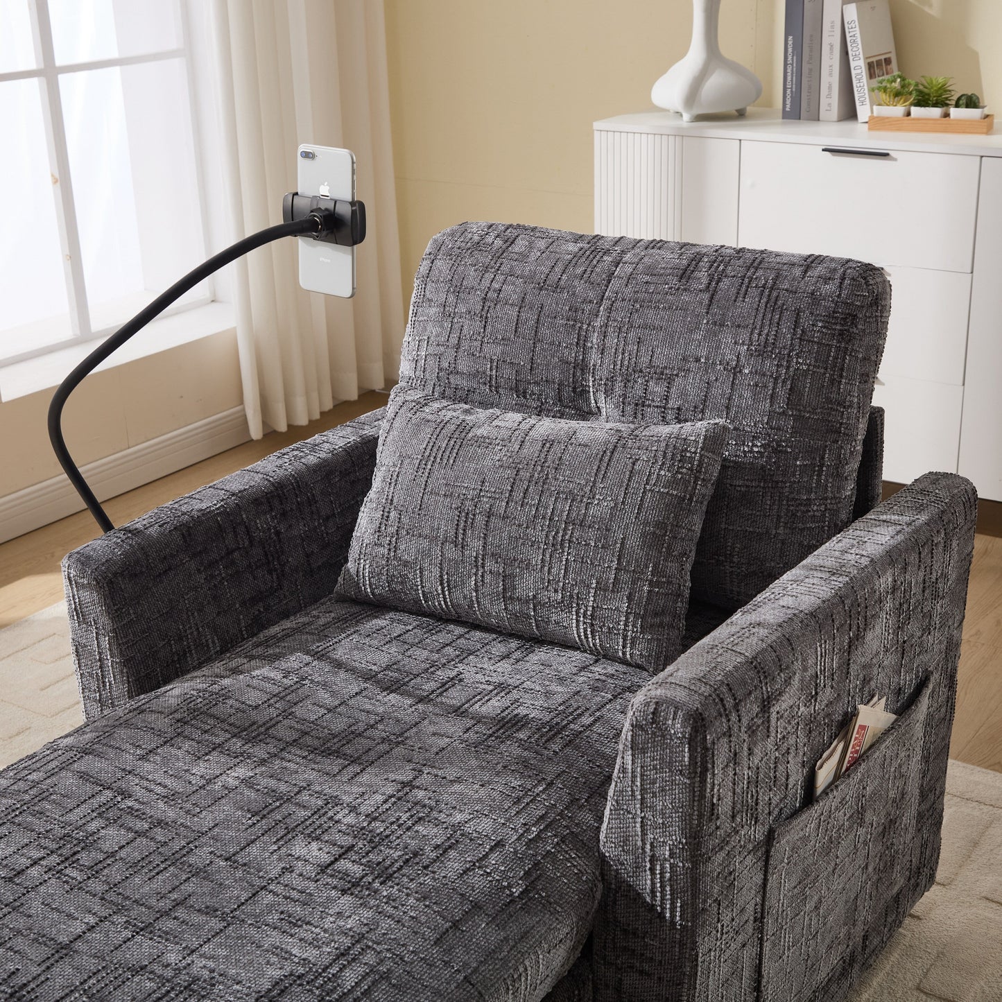 Multifunctional Lazy Person Sofa Recliner Can Be Stored Storage Backrest With Cell Phone Bracket Chenille Single Leisure Chair