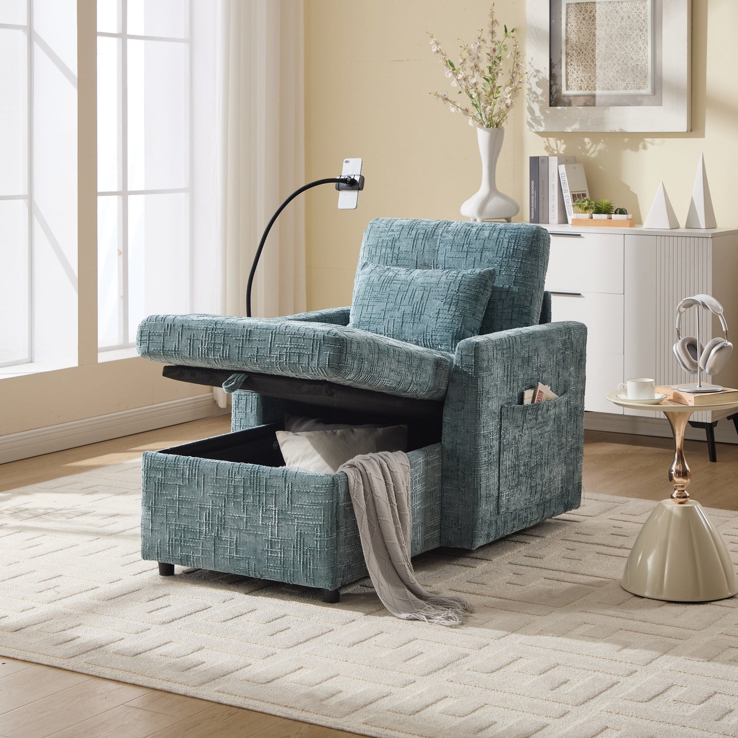 Multifunctional Lazy Person Sofa Recliner Can Be Stored Storage Backrest With Cell Phone Bracket Chenille Single Leisure Chair