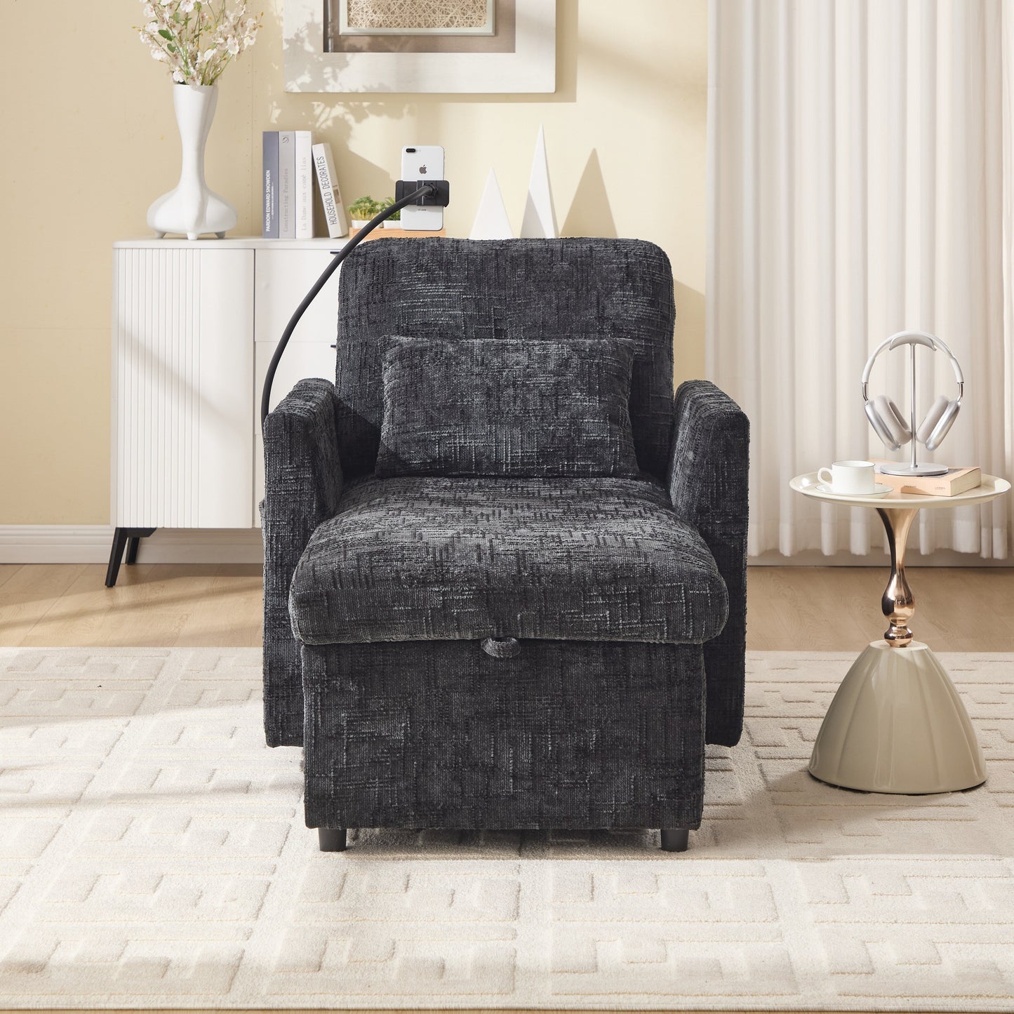 Multifunctional Lazy Person Sofa Recliner Can Be Stored Storage Backrest With Cell Phone Bracket Chenille Single Leisure Chair