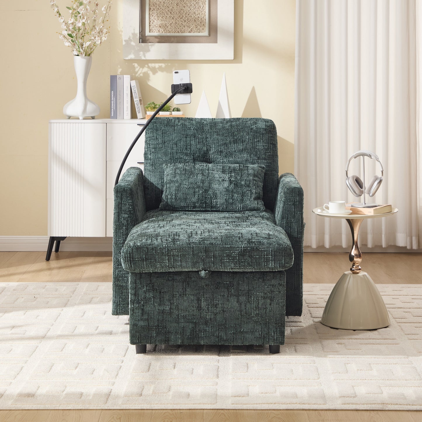 Multifunctional Lazy Person Sofa Recliner Can Be Stored Storage Backrest With Cell Phone Bracket Chenille Single Leisure Chair