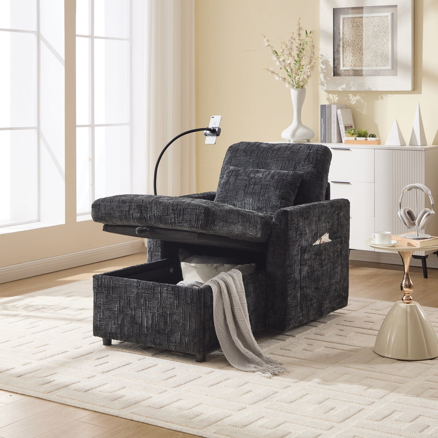 Multifunctional Lazy Person Sofa Recliner Can Be Stored Storage Backrest With Cell Phone Bracket Chenille Single Leisure Chair