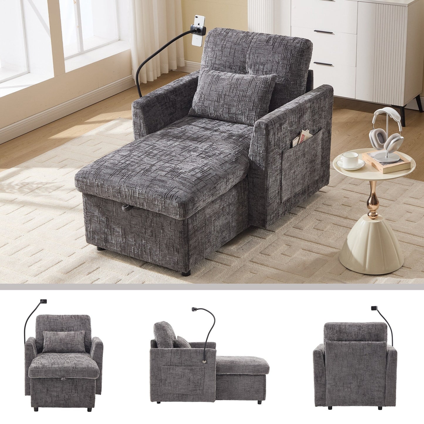 Multifunctional Lazy Person Sofa Recliner Can Be Stored Storage Backrest With Cell Phone Bracket Chenille Single Leisure Chair