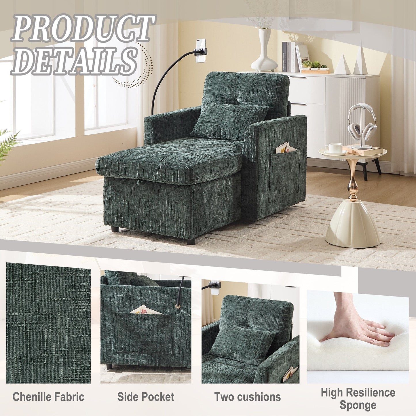 Multifunctional Lazy Person Sofa Recliner Can Be Stored Storage Backrest With Cell Phone Bracket Chenille Single Leisure Chair