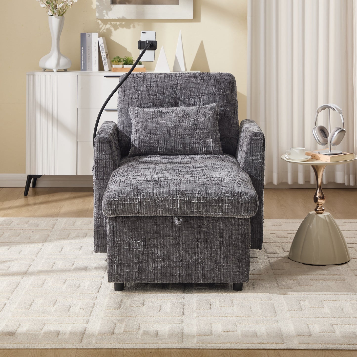Multifunctional Lazy Person Sofa Recliner Can Be Stored Storage Backrest With Cell Phone Bracket Chenille Single Leisure Chair