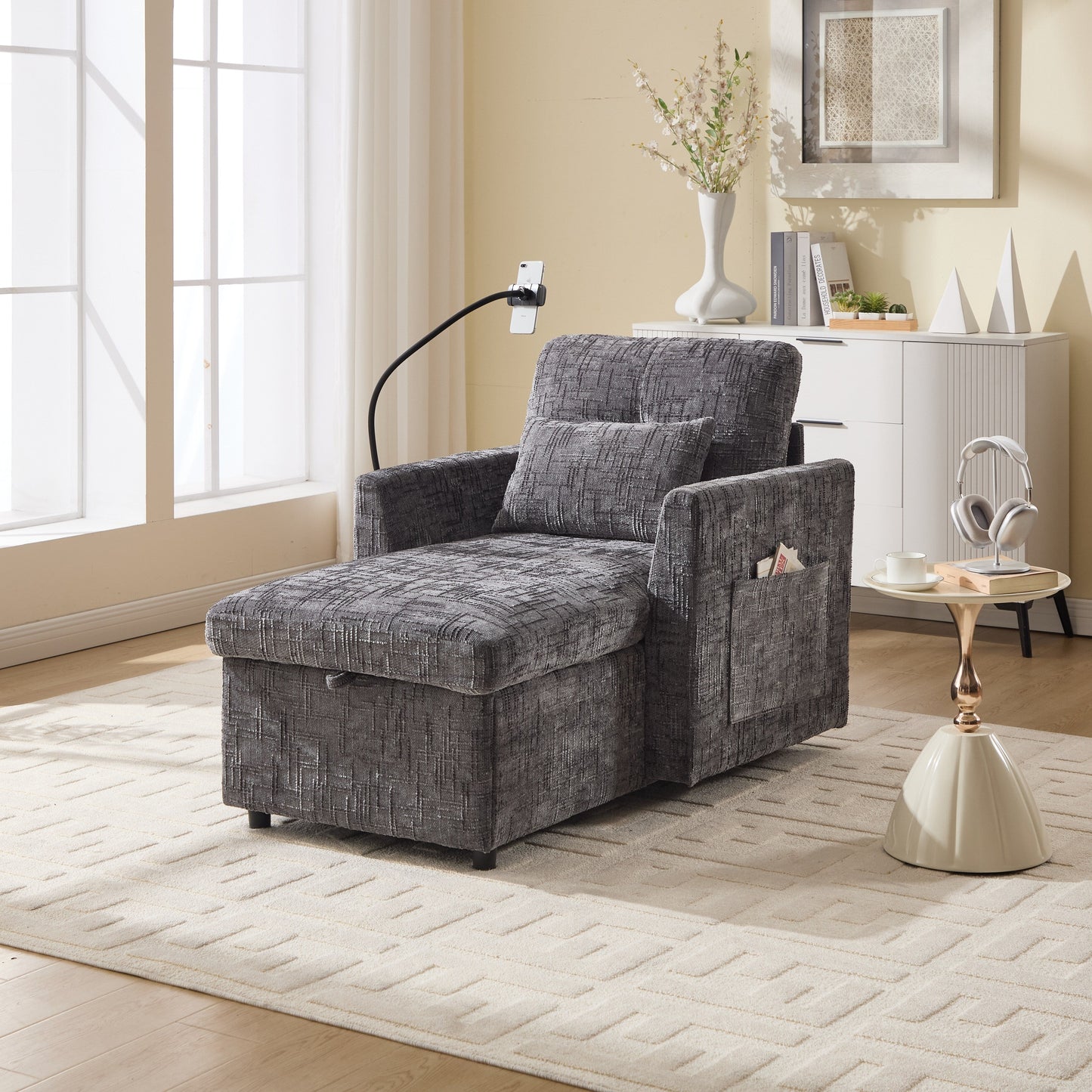 Multifunctional Lazy Person Sofa Recliner,Storage Backrest With Cell Phone Bracket Chenille Single Leisure Chair