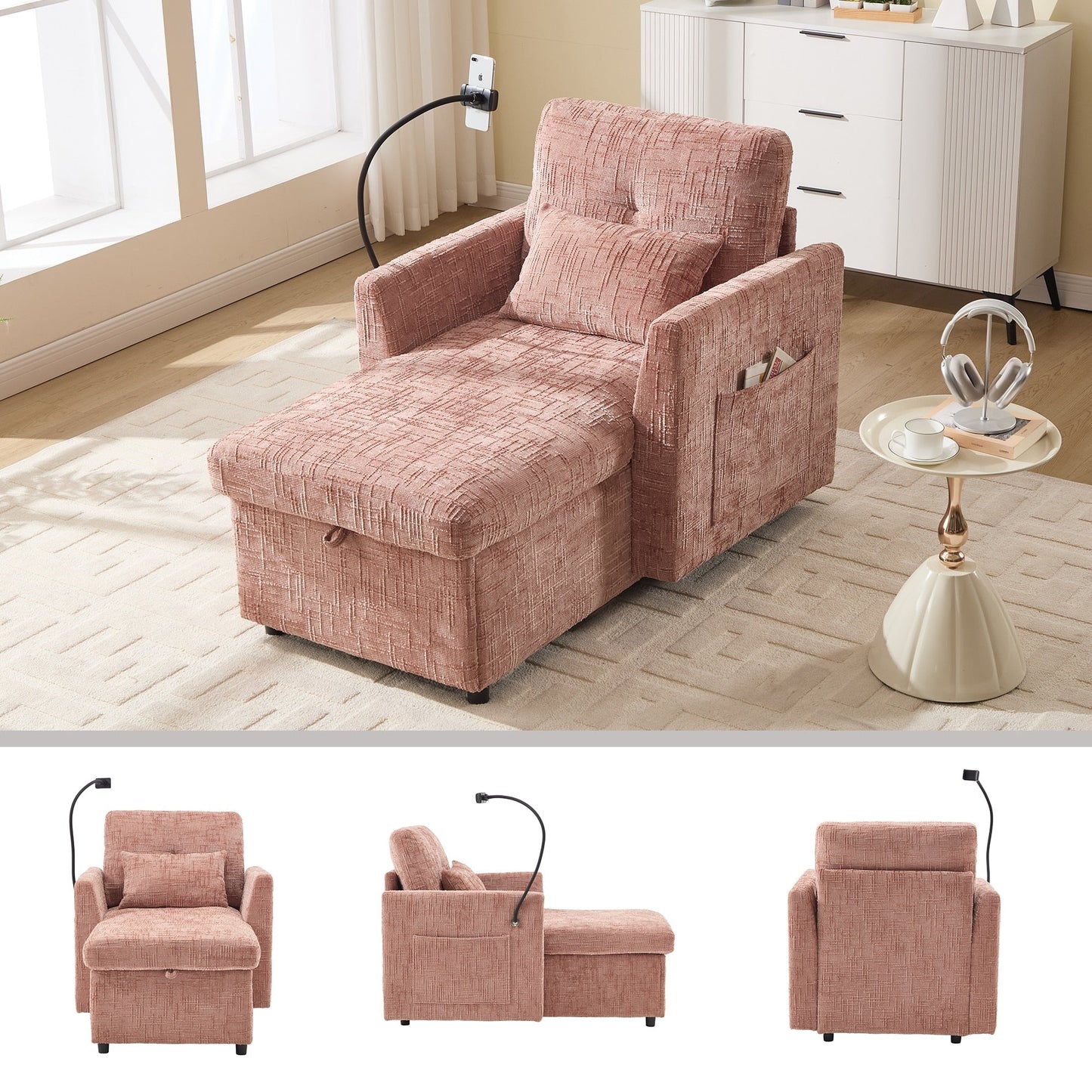 Multifunctional Lazy Person Sofa Recliner,Storage Backrest With Cell Phone Bracket Chenille Single Leisure Chair