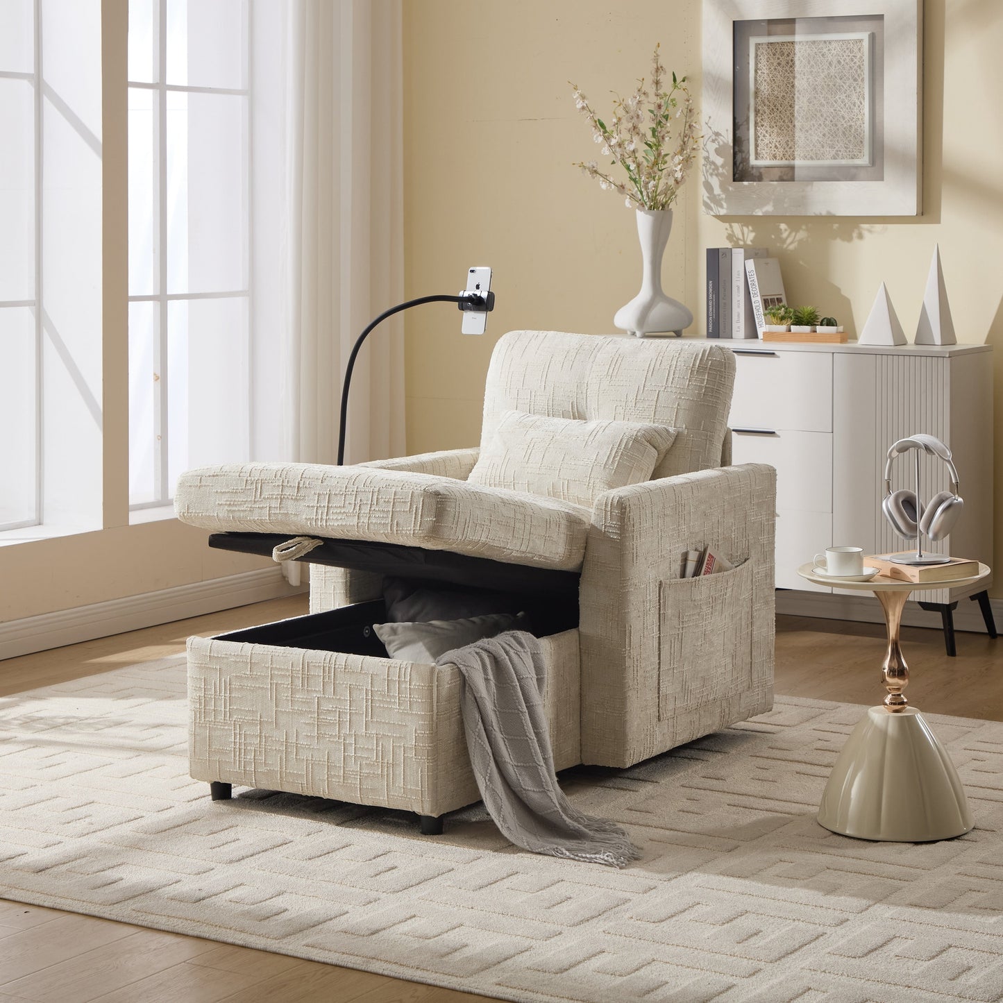 Multifunctional Lazy Person Sofa Recliner,Storage Backrest With Cell Phone Bracket Chenille Single Leisure Chair